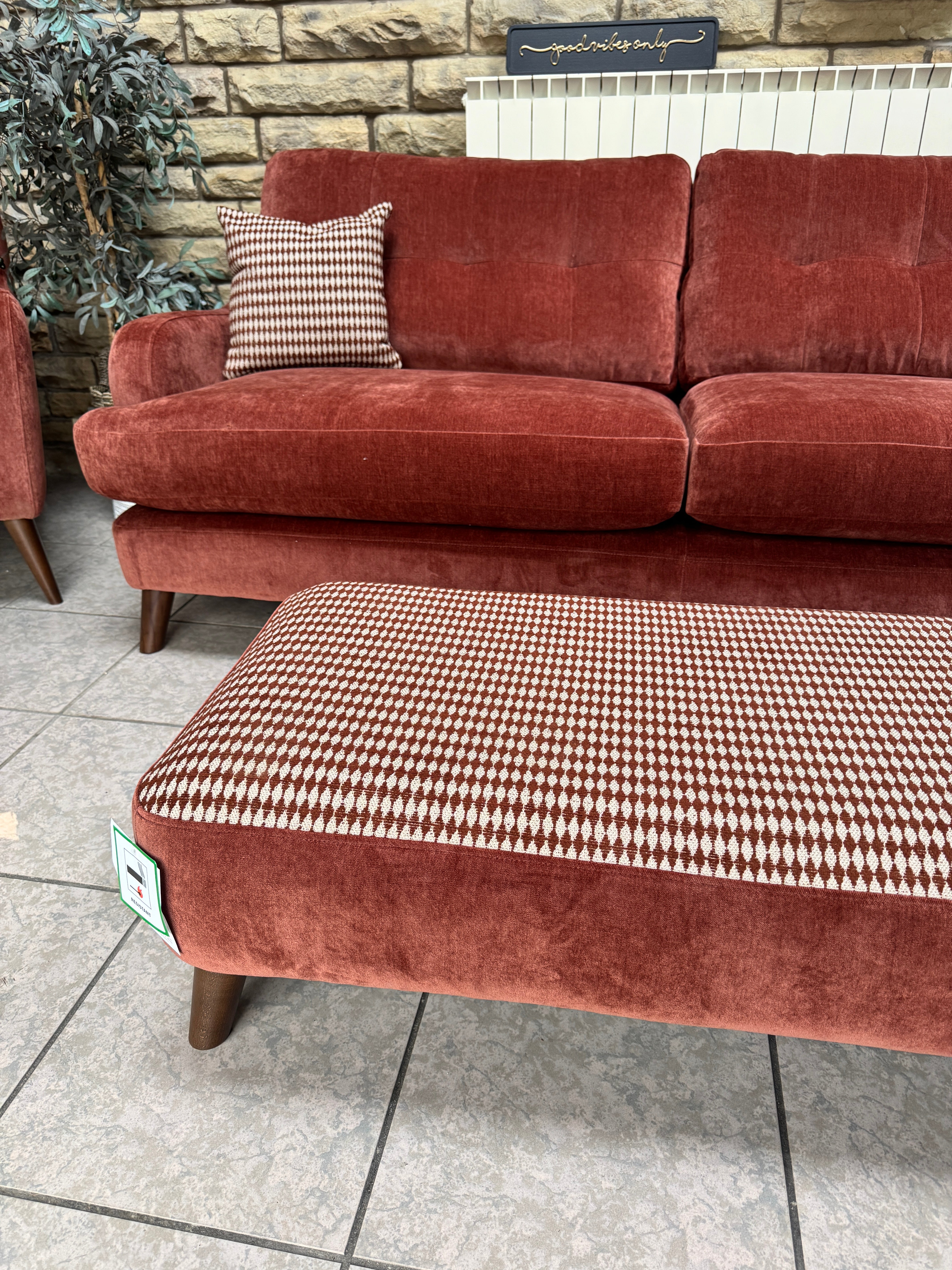 Loften footstool in Witton Brick chenille with Harley Brick top & matching side cushions