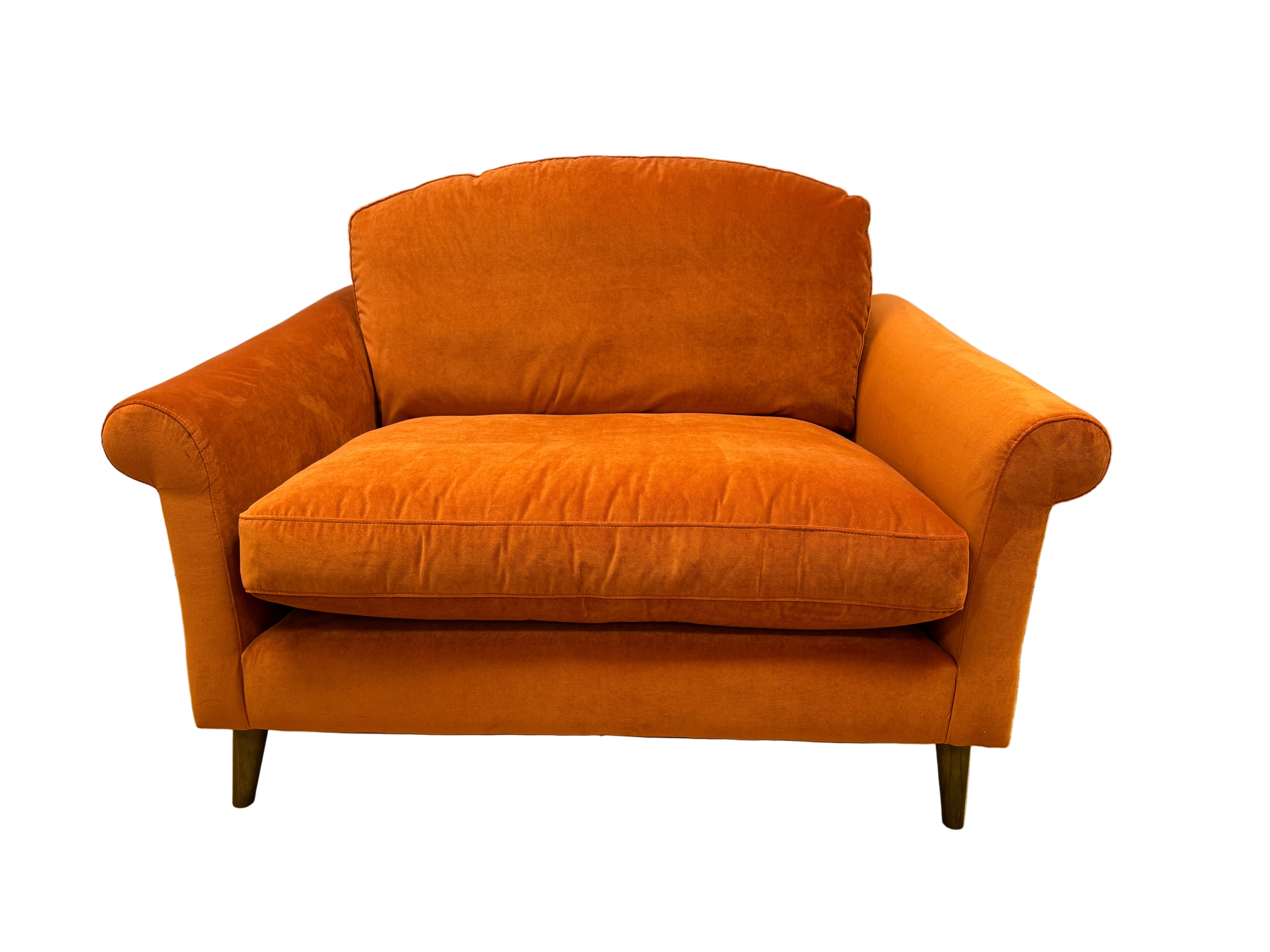 Oskar large loveseat in plush Marmalade orange velvet fabric