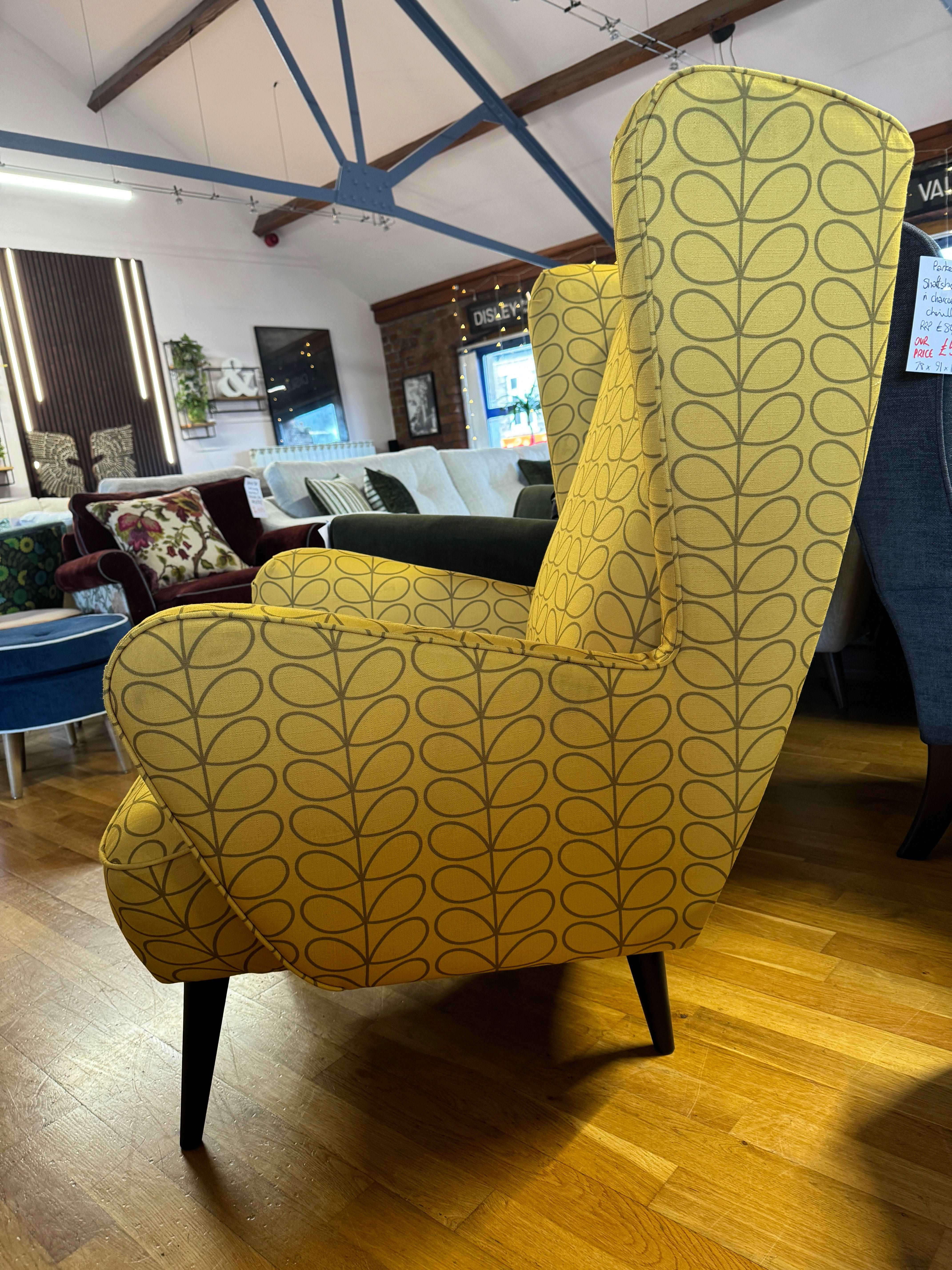 Alma large wingback armchair in Linear stem yellow fabric - RRP £1079