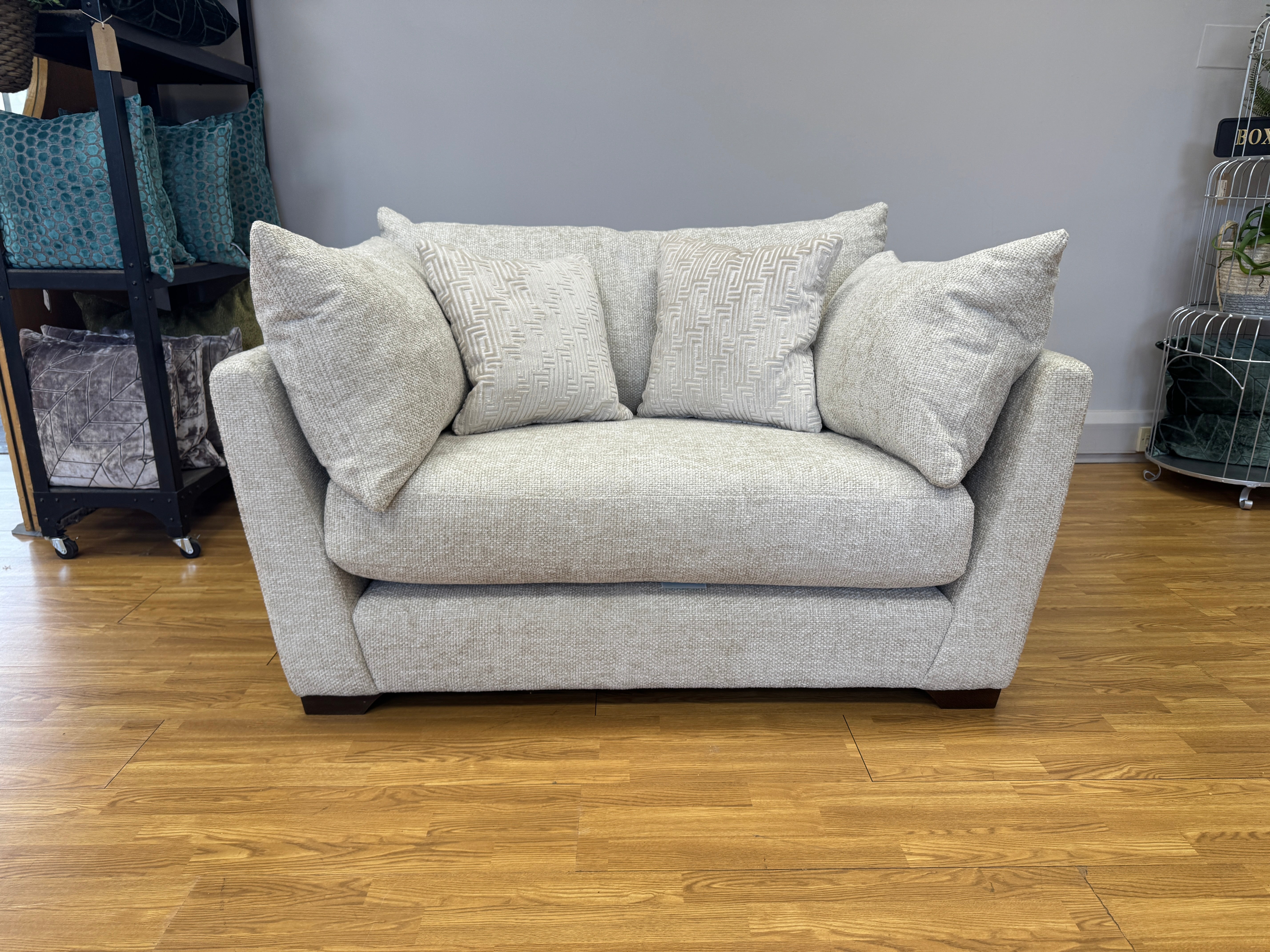 Sofology Tallulah loveseat in basketweave cream all over chenille weave fabric