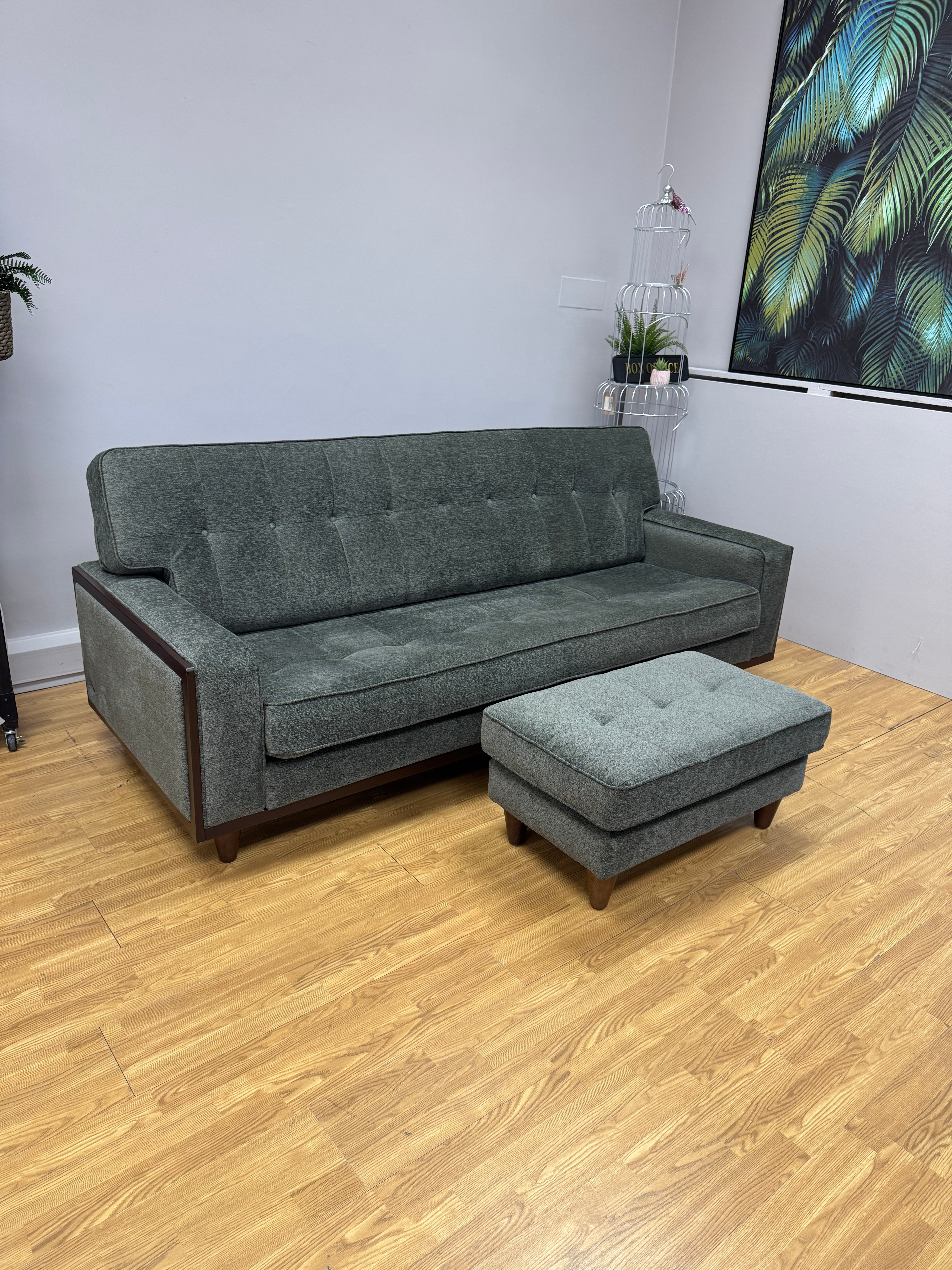 G Plan Agatha 4 seater fixed seat sofa & matching footstool in Alpine green fabric