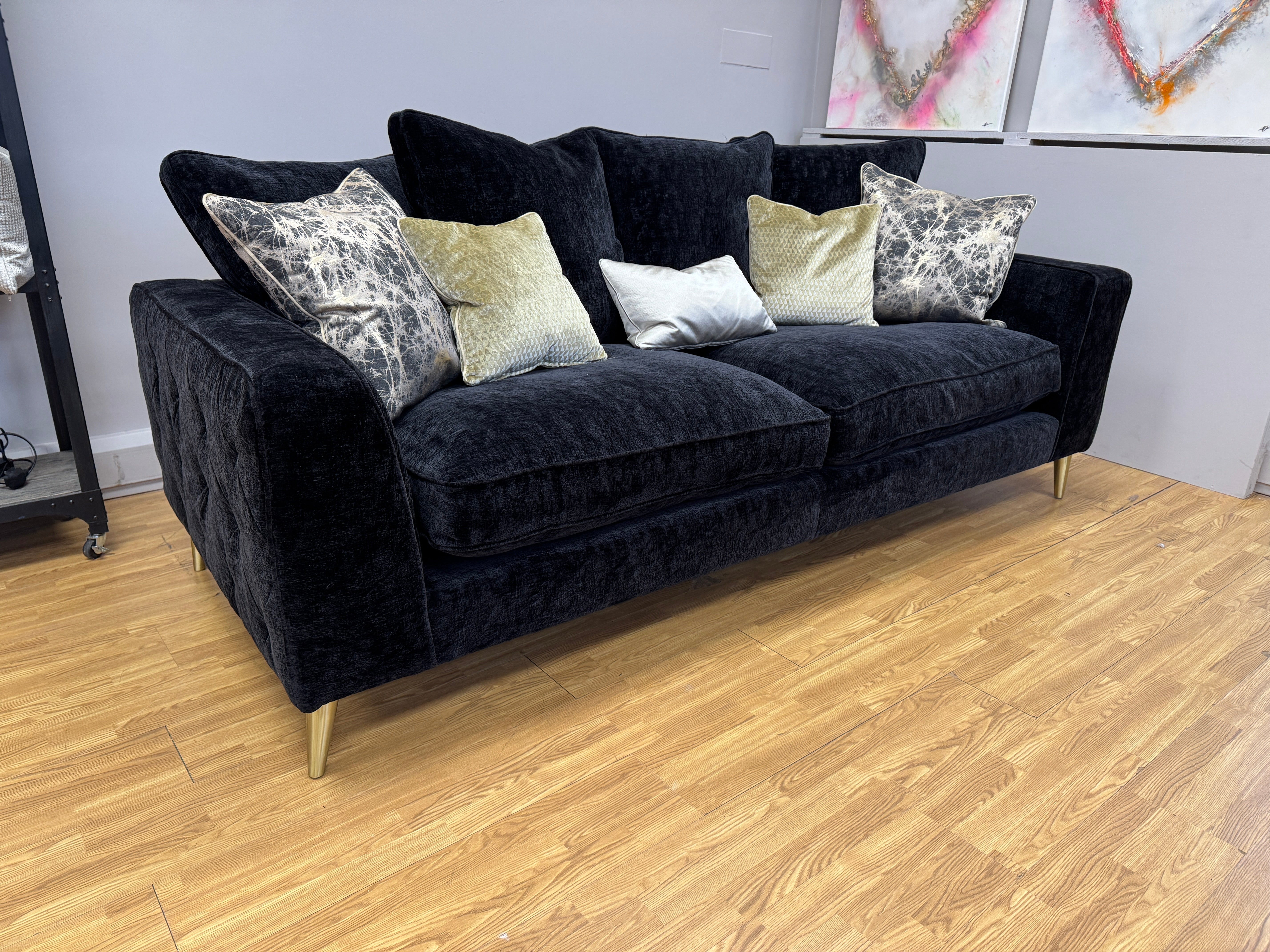 Sofology Rococo large 4 seater cushion back sofa in black chenille fabric