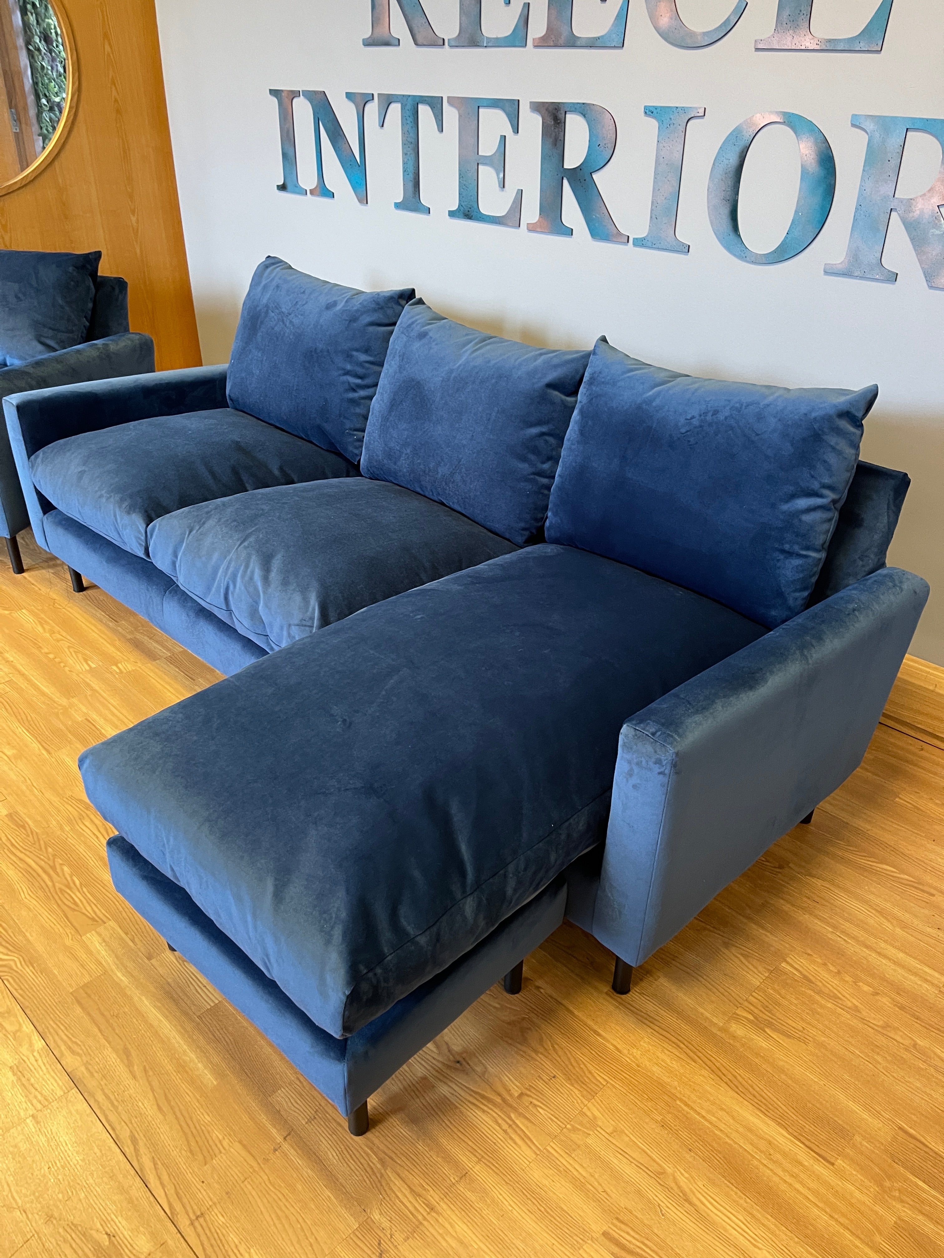 MADE.COM RUSSO 3 seater standard back left or right facing chaise sofa in royal blue velvet fabric