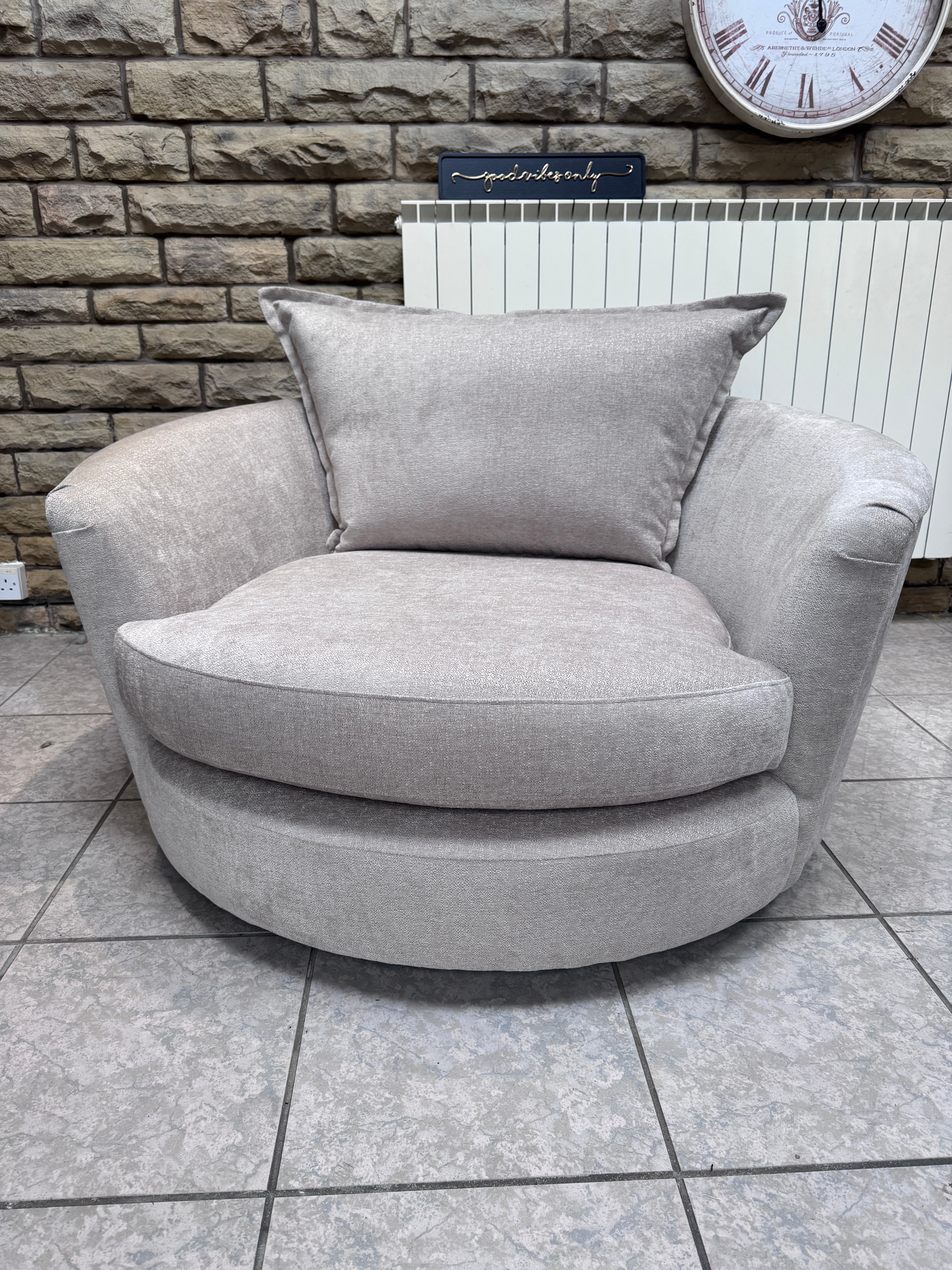 Raven XL swivel loveseat / cuddle chair in stone soft chenille fabric
