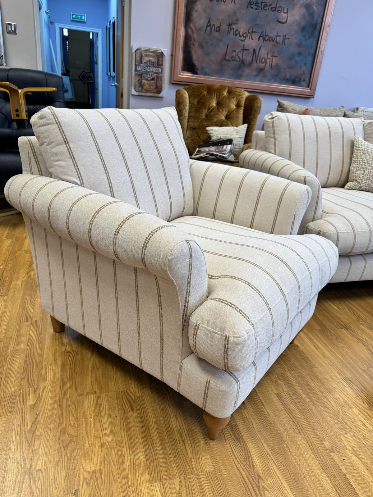 Lacey armchair in natural & honey striped chenille