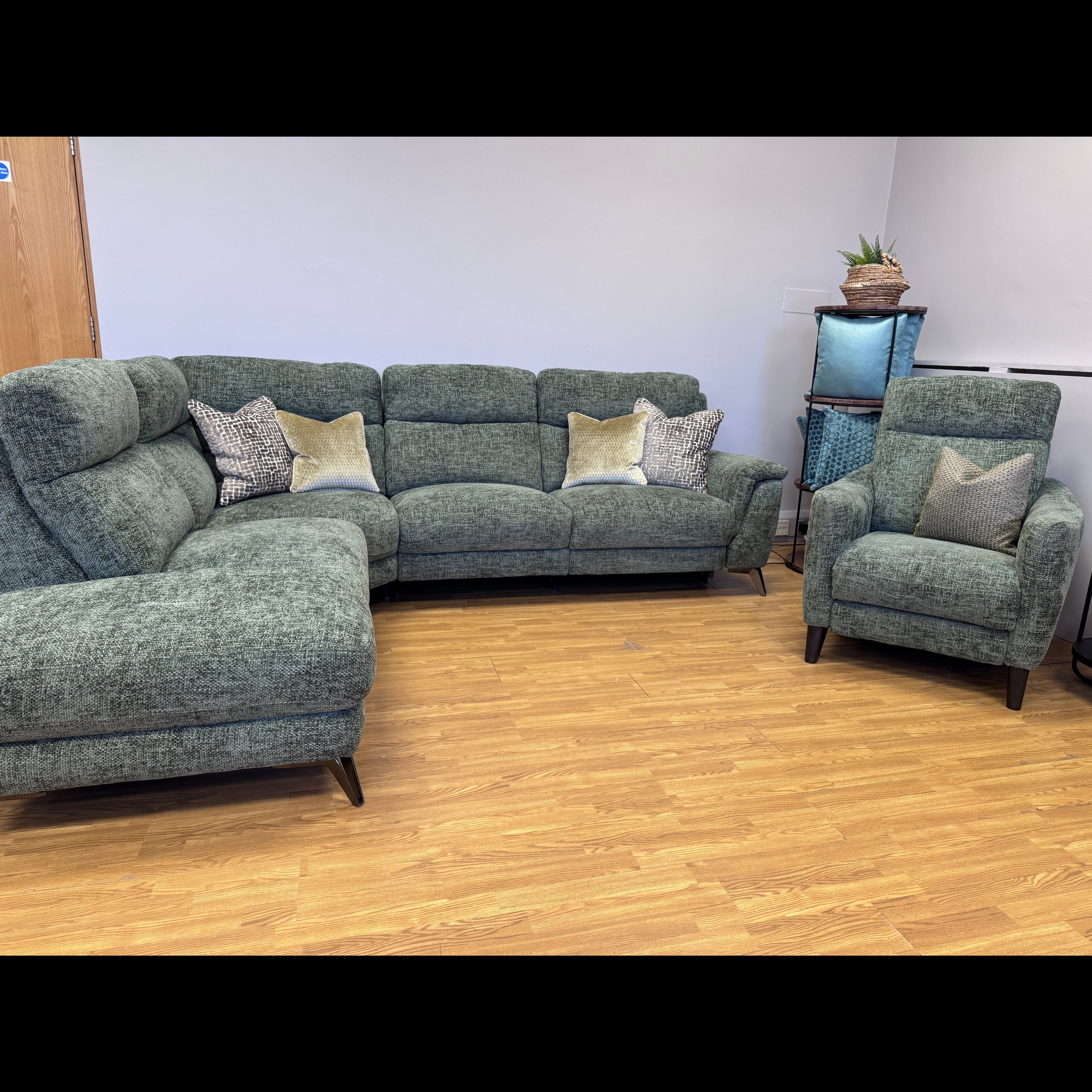 Contempo Left facing Electric reclining corner sofa & matching reclining chair in green chenille basket weave fabric