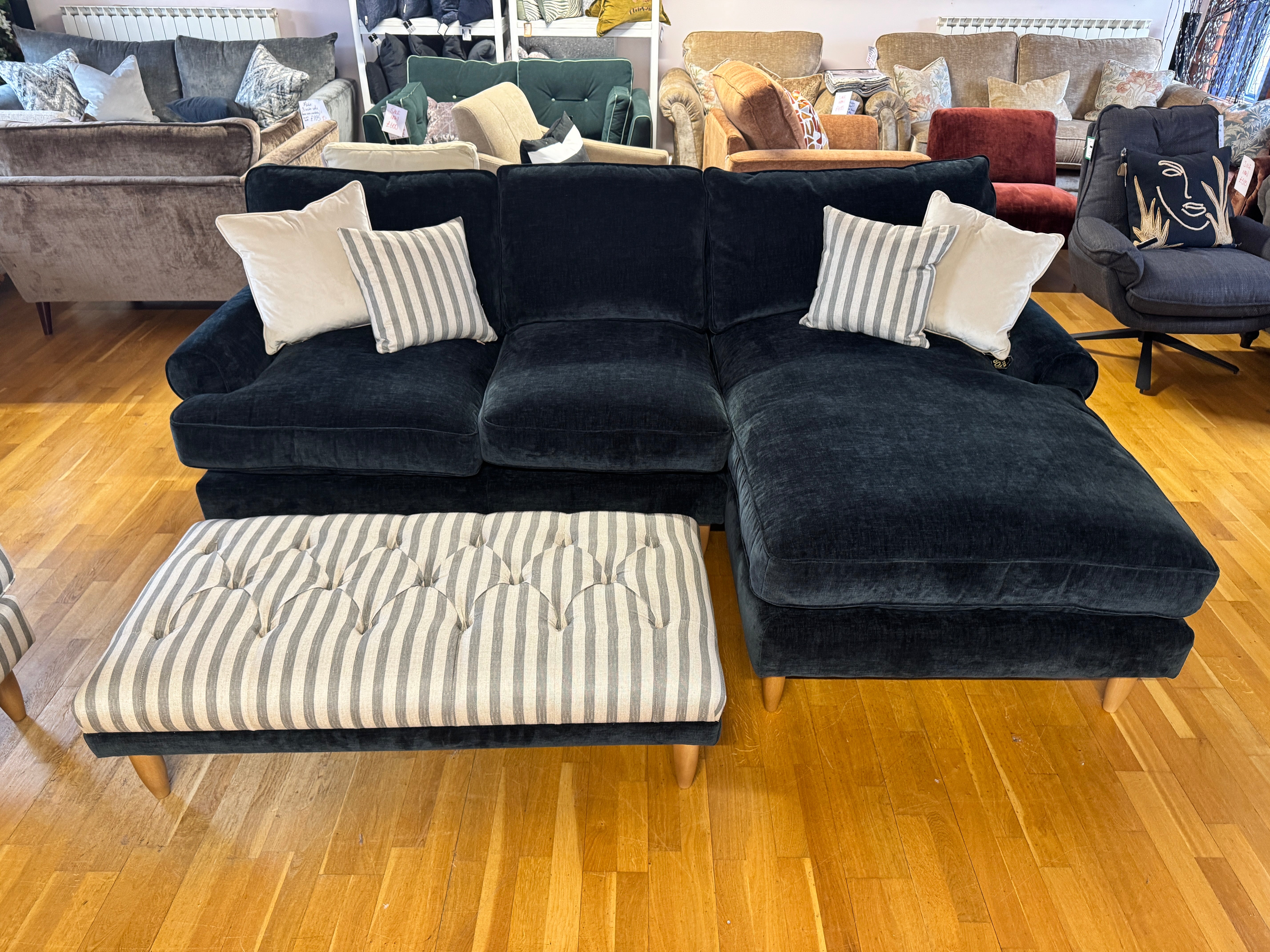 Finchley right facing 2 piece chaise sofa in Ink blue chenille fabric