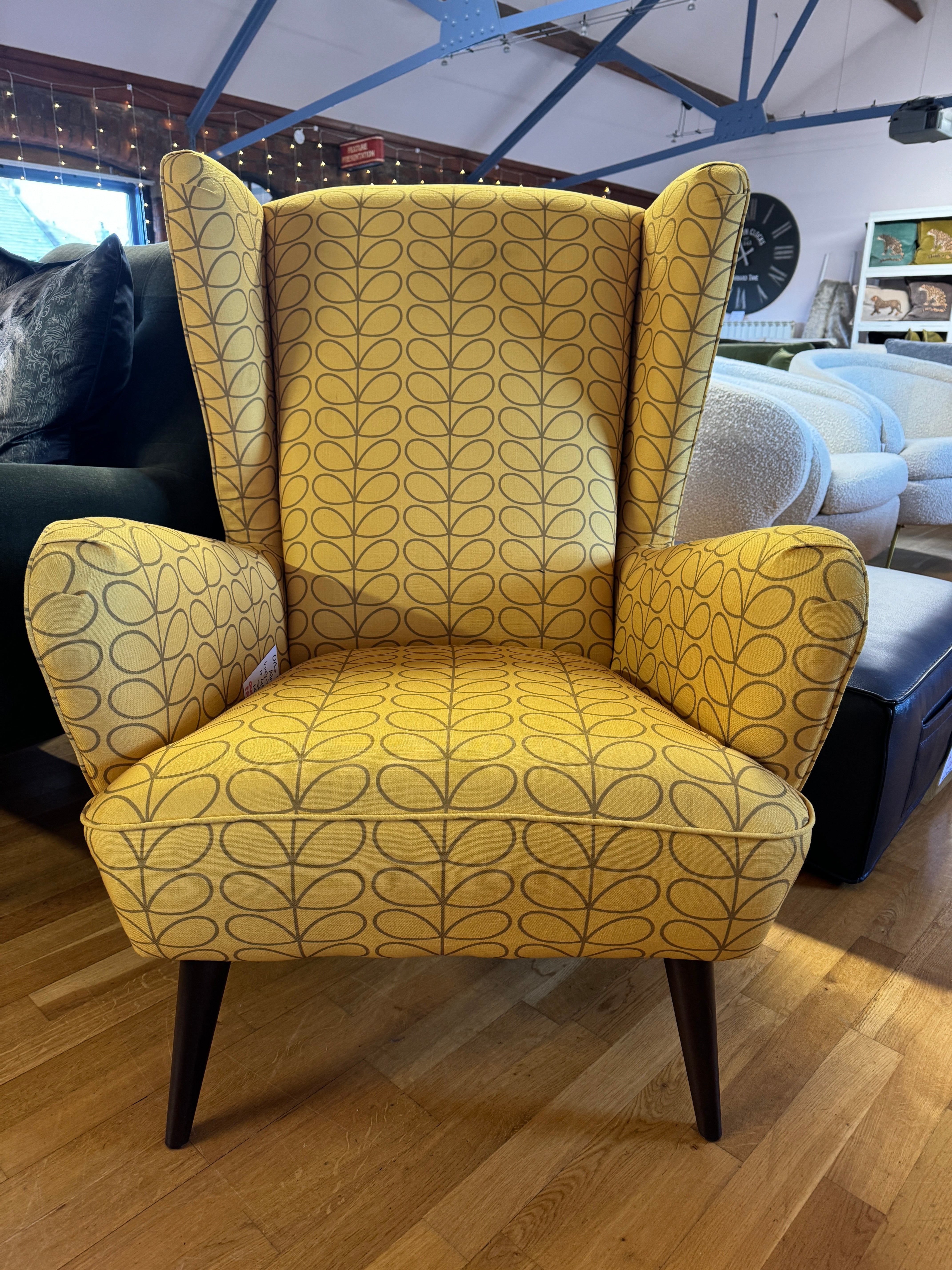 Alma large wingback armchair in Linear stem yellow fabric - RRP £1079