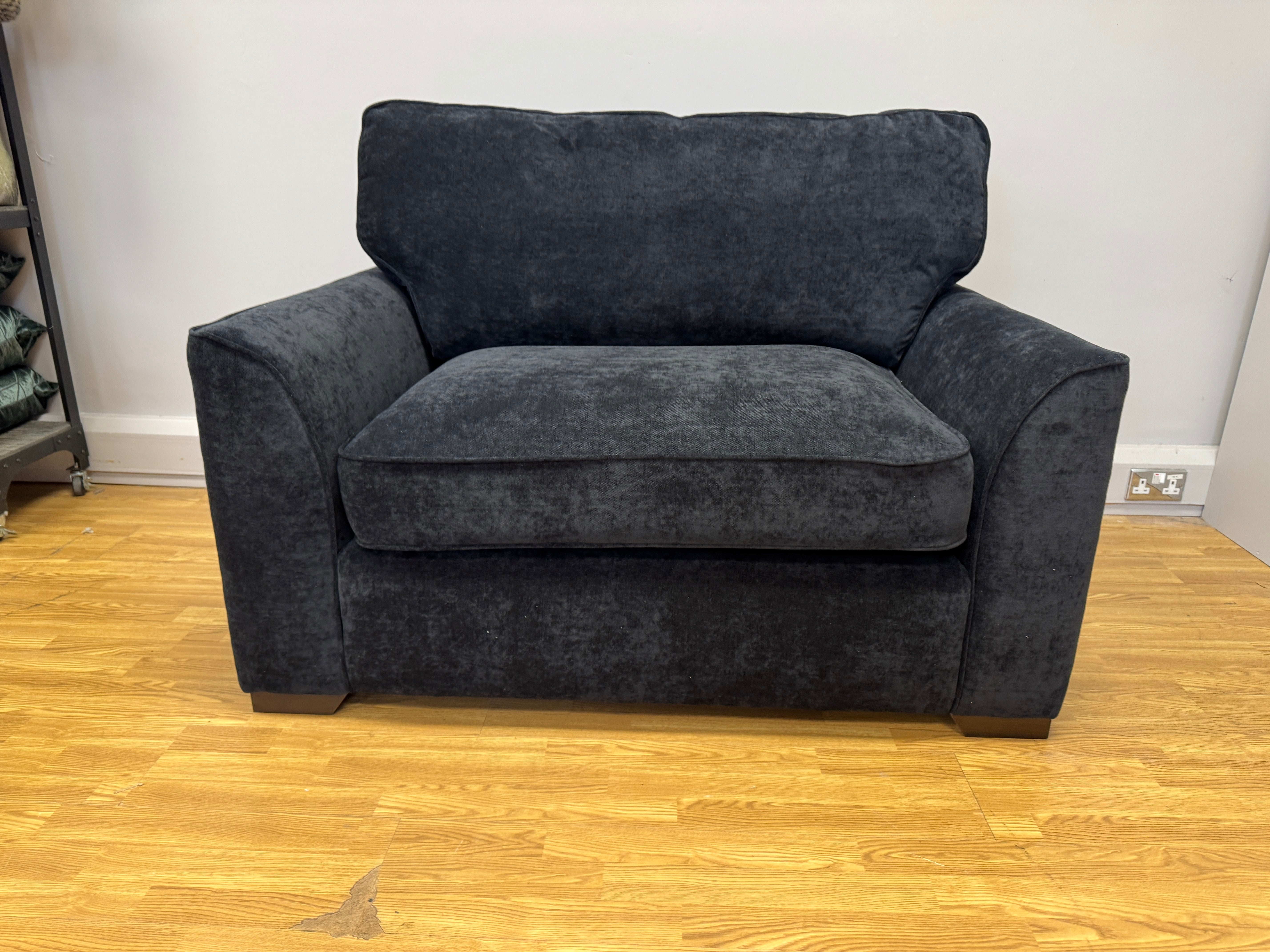 Lorna large loveseat with bolster cushions and matching footstool in Kingston Black chenille fabric