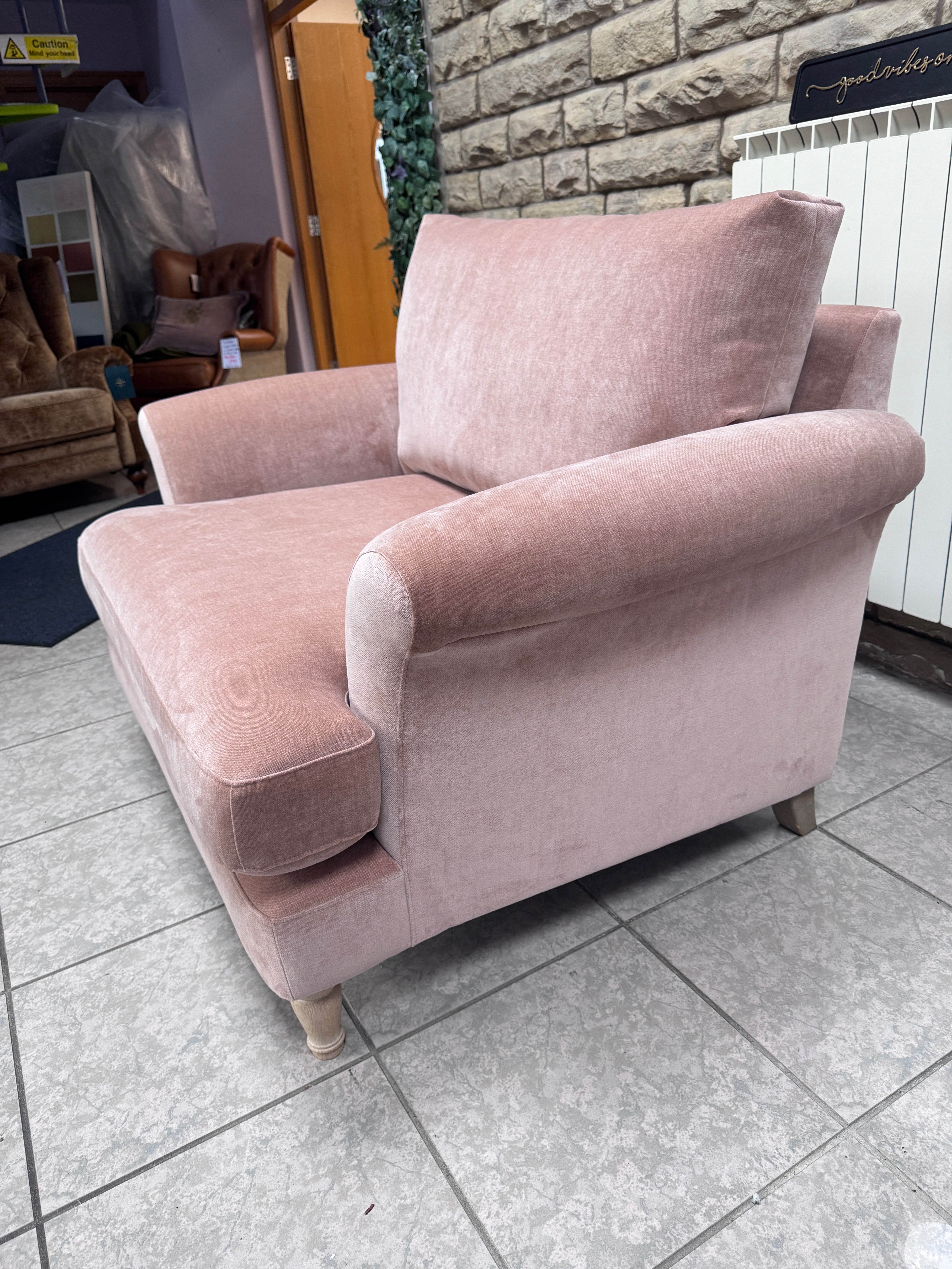 Iris loveseat with round arms in blush pink moleskin fabric