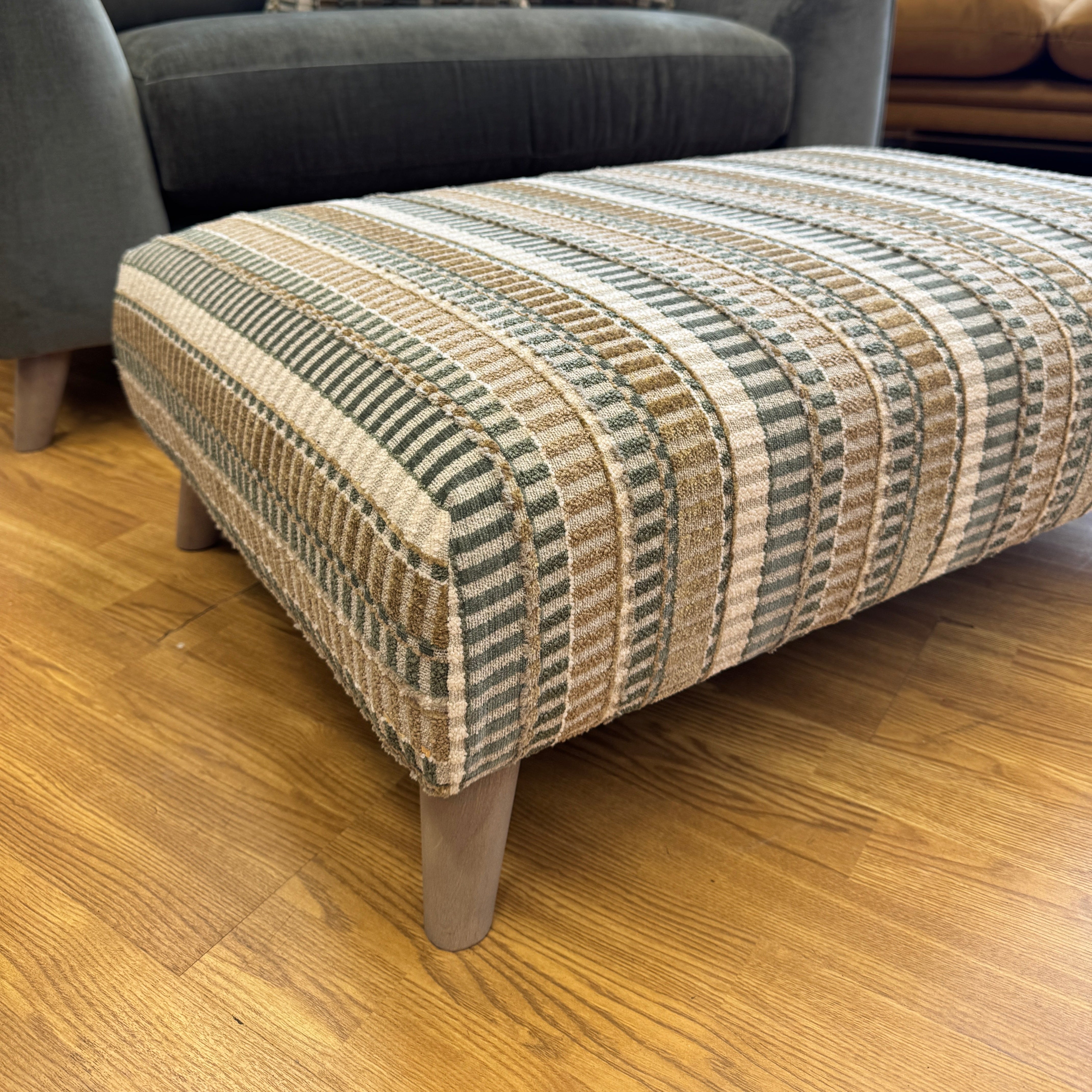 Tovi Footstool in striped mix fabric with matching pair of side cushions