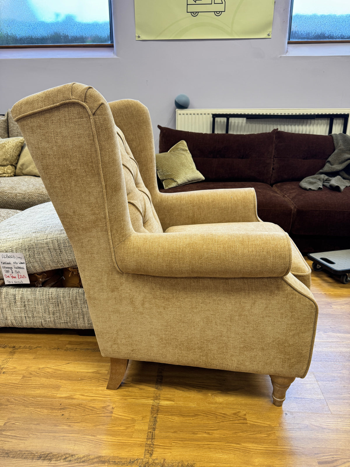 Heather high button back winged armchair in Marni Toffee chenille