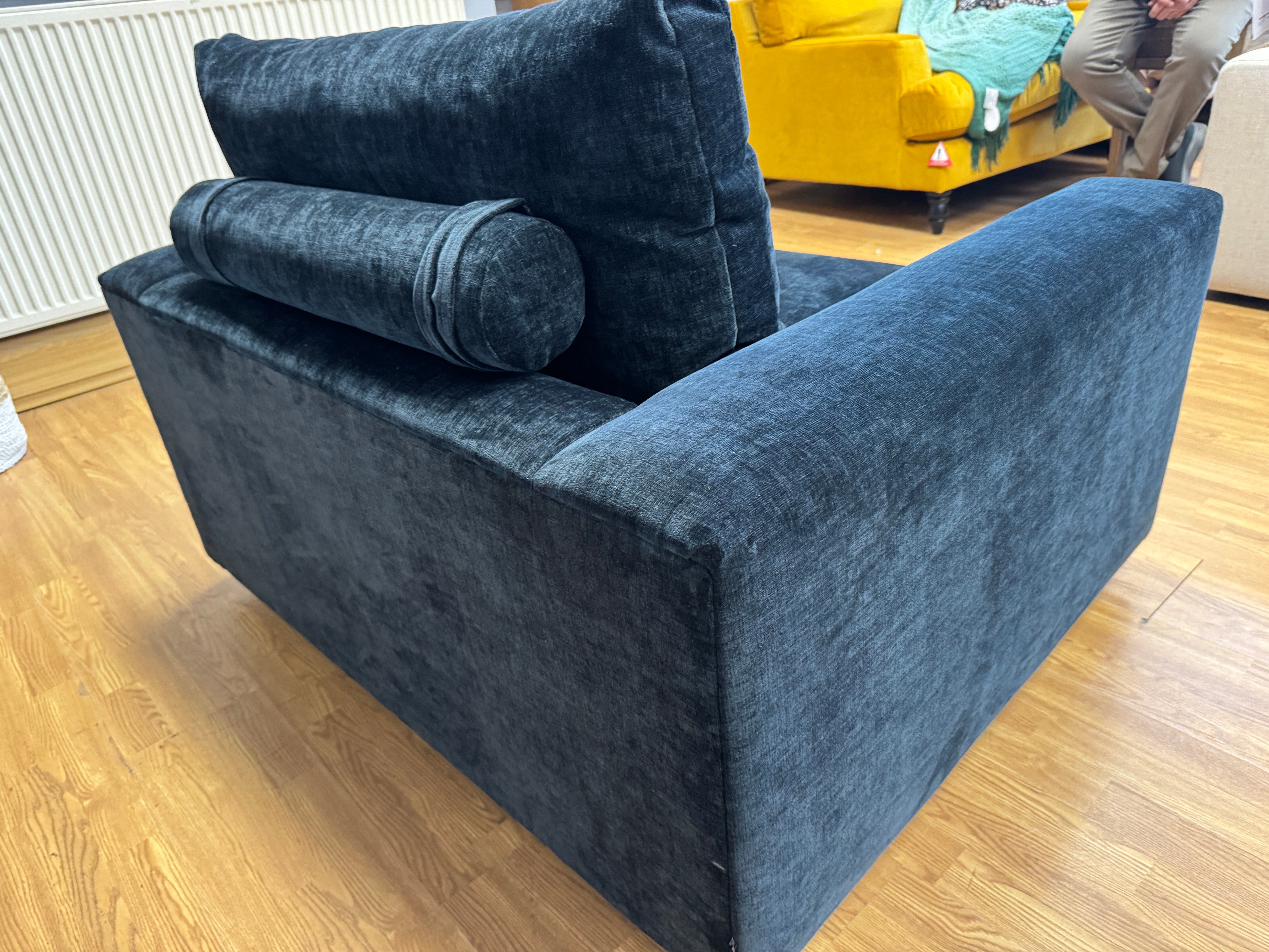 SAMPLE large chunky loveseat in ink blue black chenille fabric