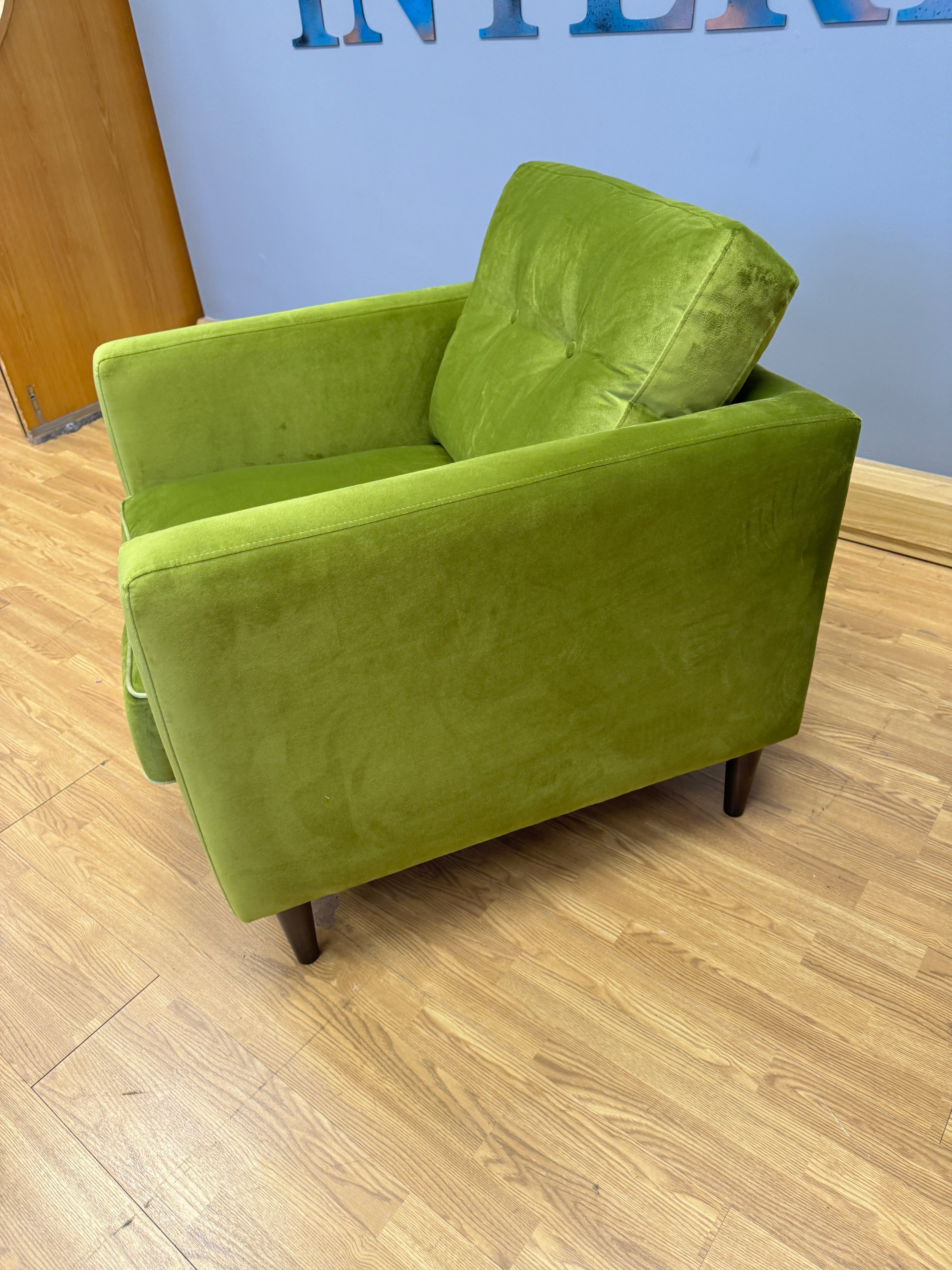 Orla Kiely Sample accent chair in lime green velvet fabric RRP £999