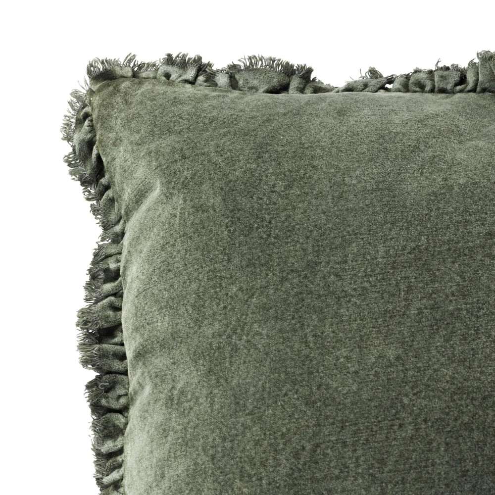 Bertie washed cotton velvet cushion with ruffle edge in Moss 45 x 45cm