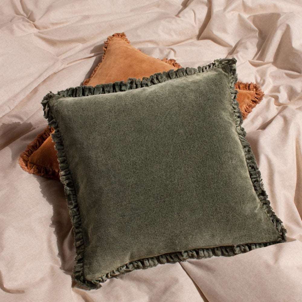 Bertie washed cotton velvet cushion with ruffle edge in Moss 45 x 45cm