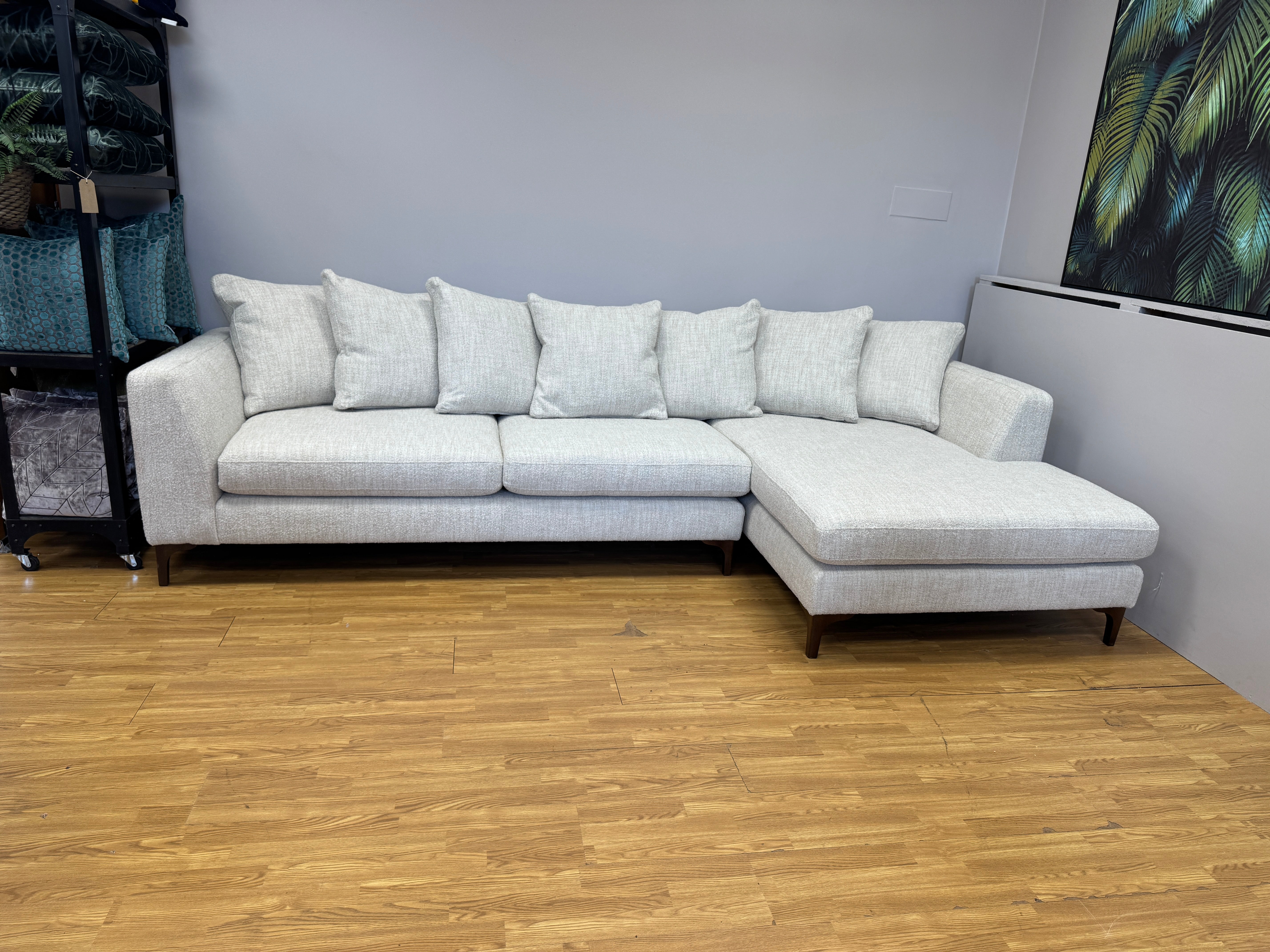 Mateo XL right facing 2 piece cushion back chaise sofa in boucle weave natural fabric