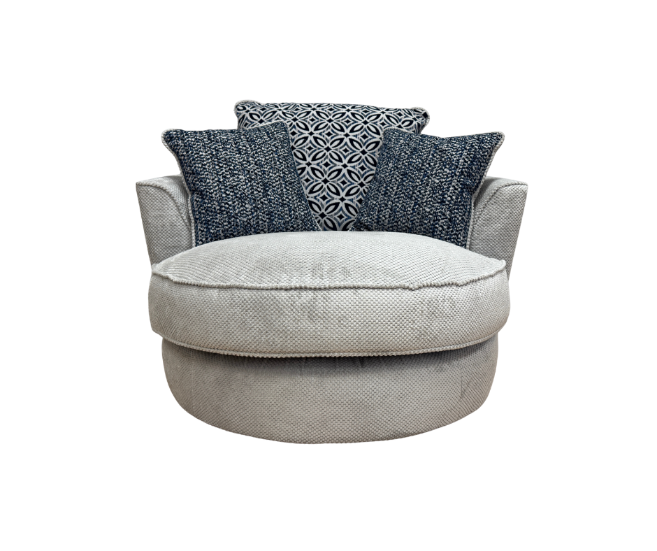 Bloom round loveseat with swivel base in Aero Silver bubble fabric