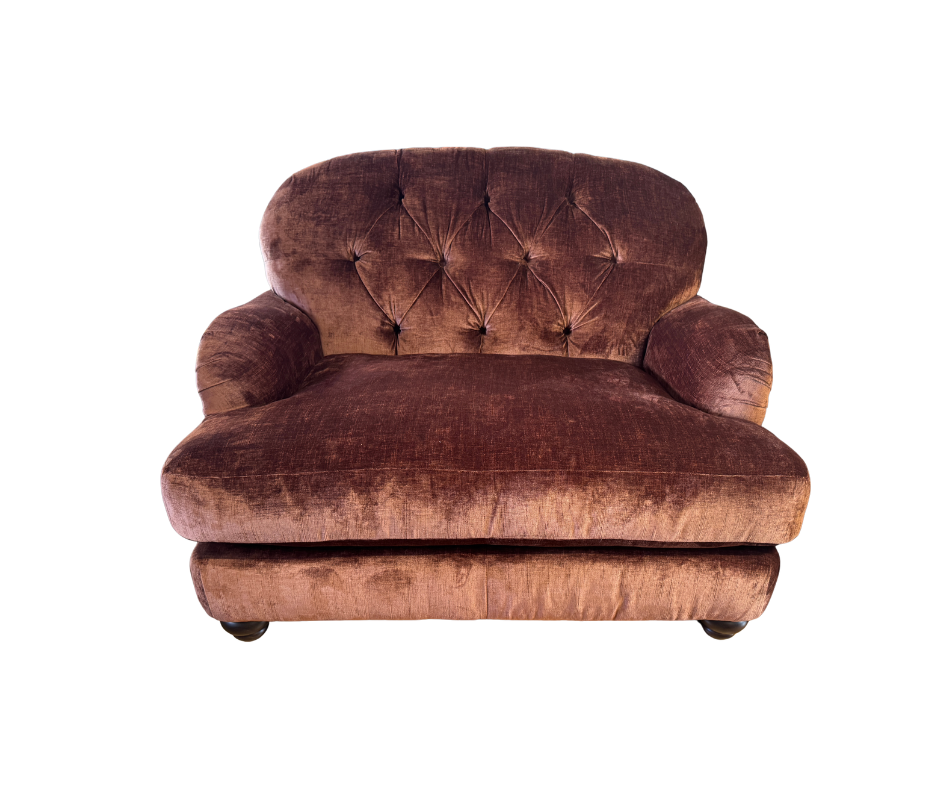 Derry button back loveseat in Dion Brandy velvet fabric