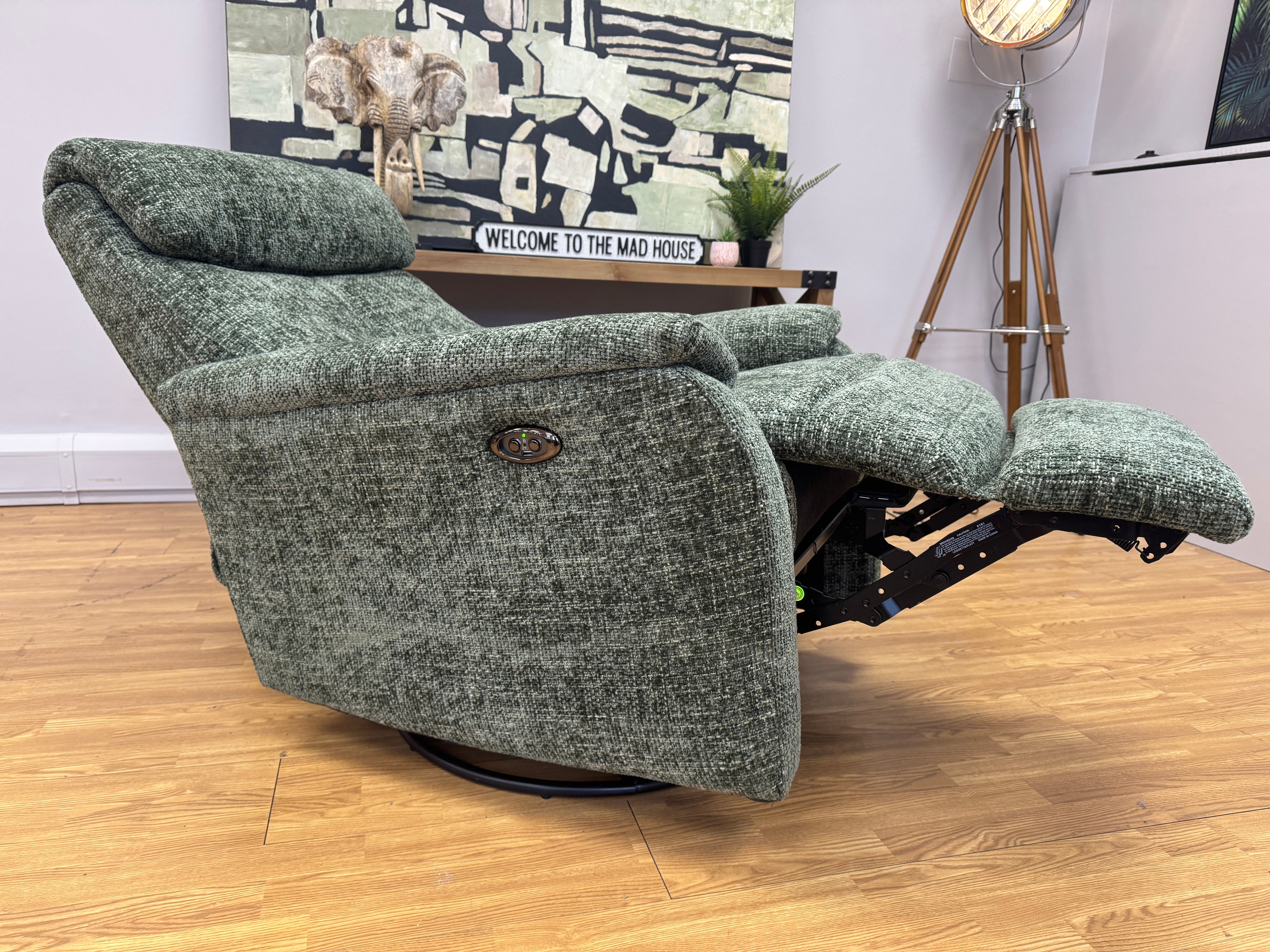 Rowan swivel rocking electric reclining slim armchair in moss green weave fabric