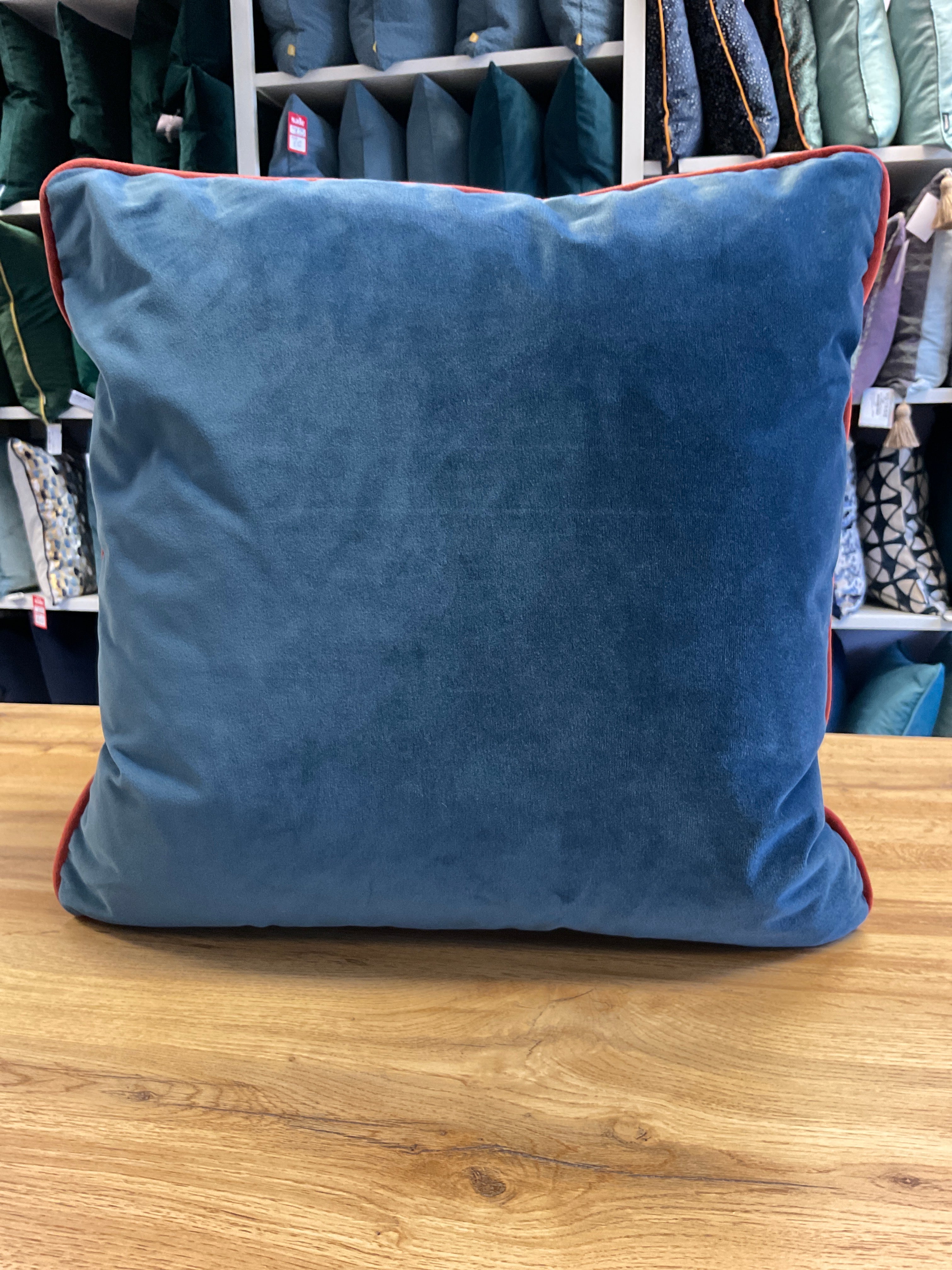 Meridian 50 x 50cm navy blue & rust edge plain velvet cushion