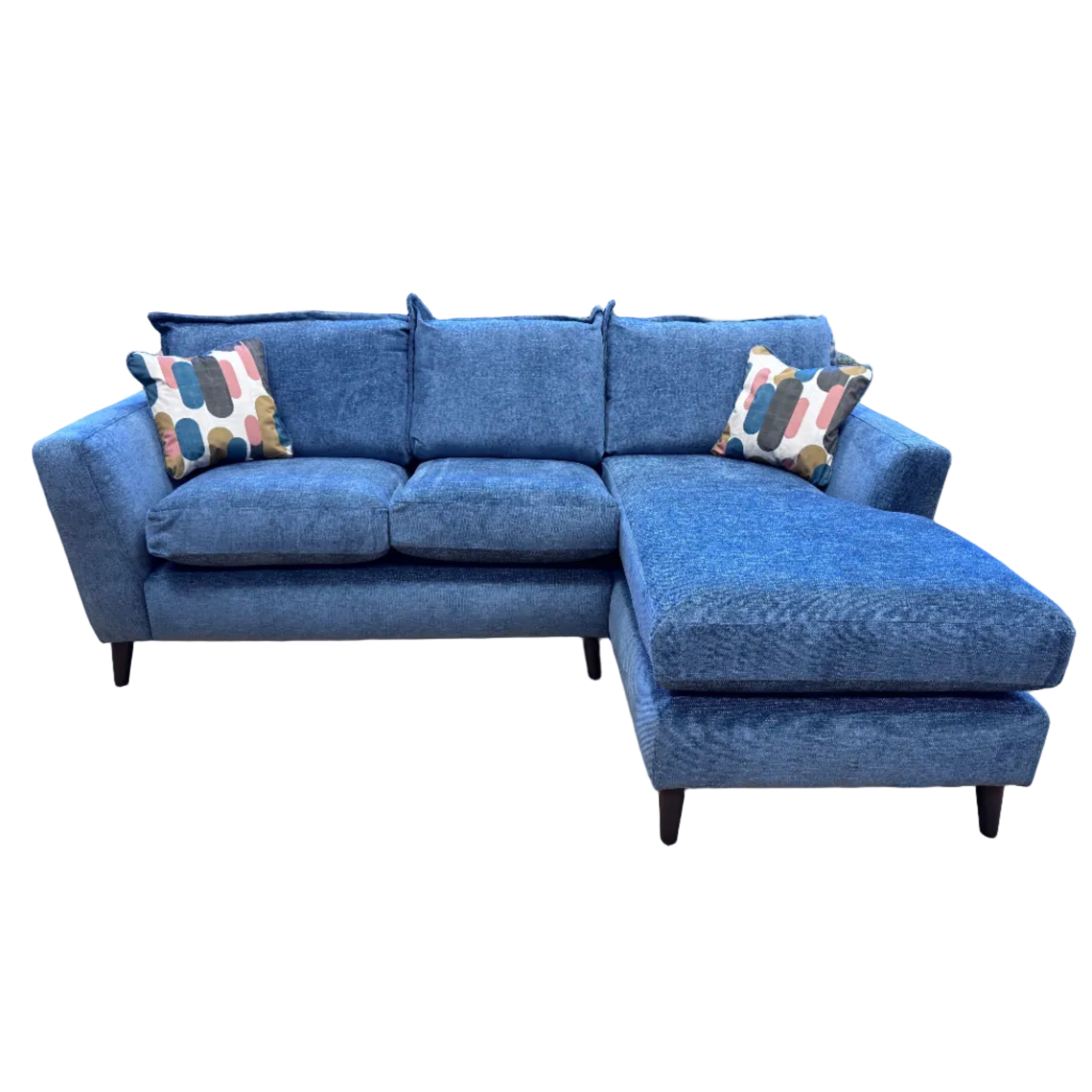 Sofia 3 seater right facing chaise end sofa in Marlon Atlantic blue. fabric