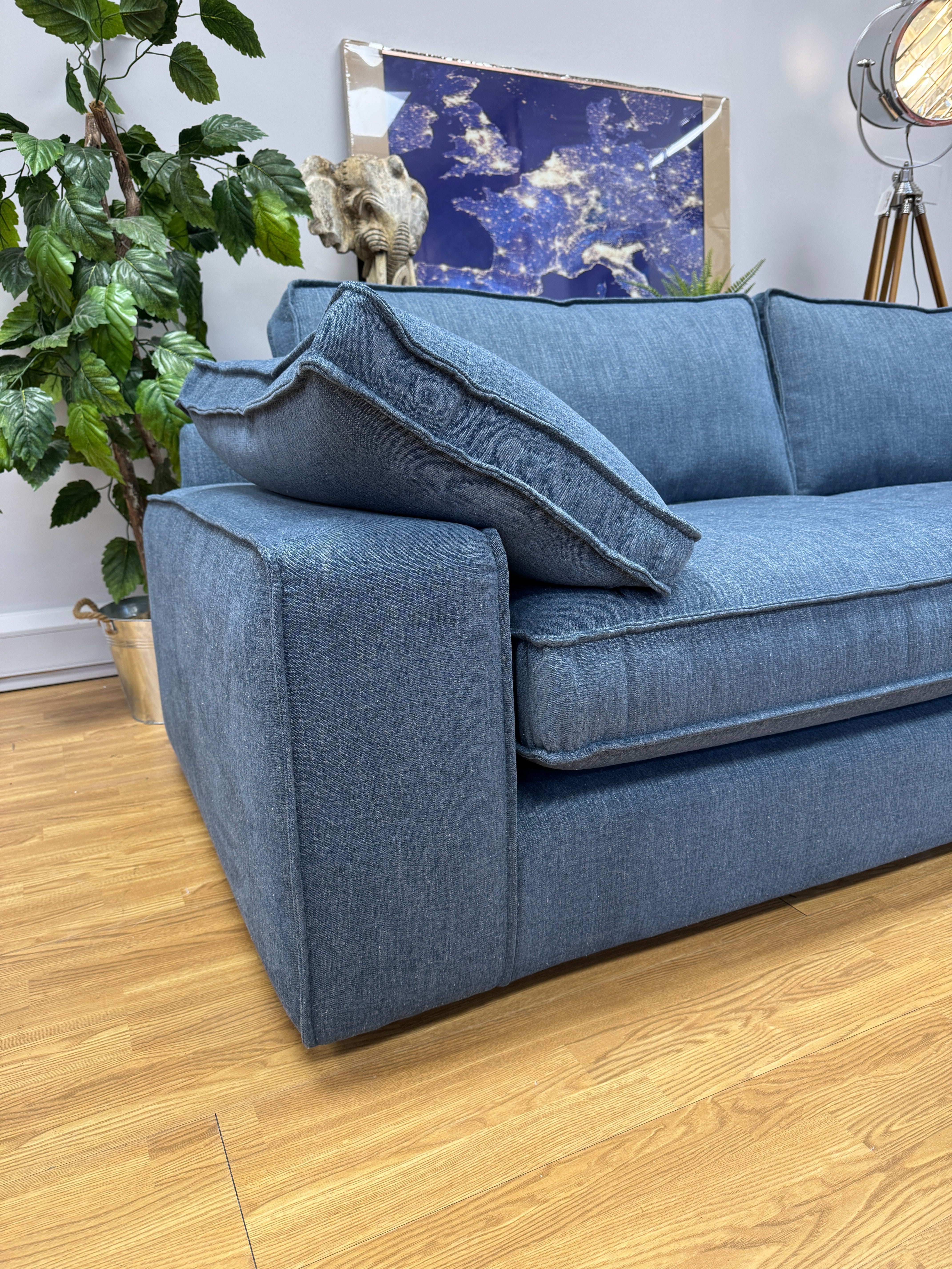 Luca split 4 seater sofa in denim blue washed weave fabric