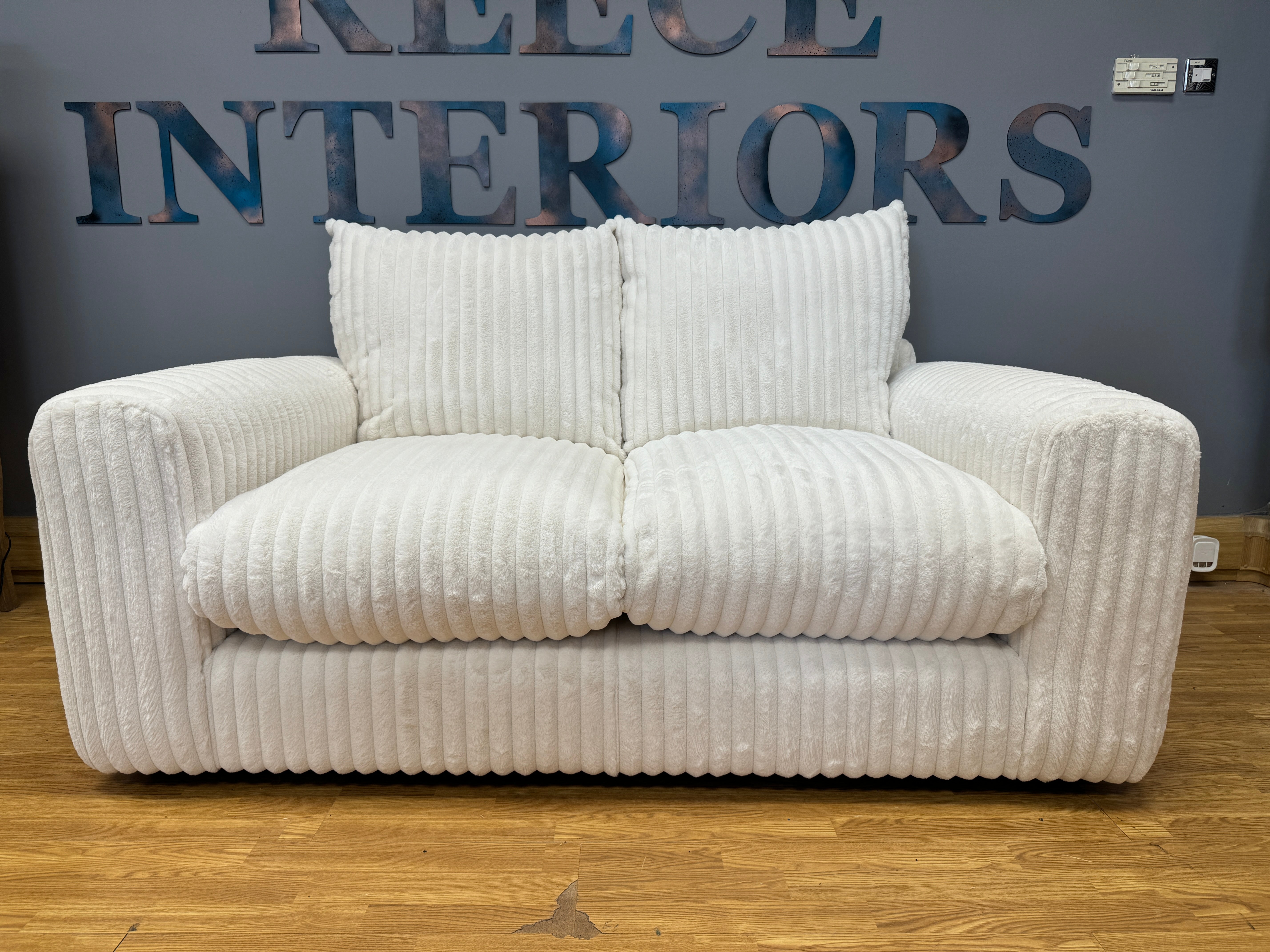 REYA 2 seater sofa in Casper snow off white faux ribbed fur