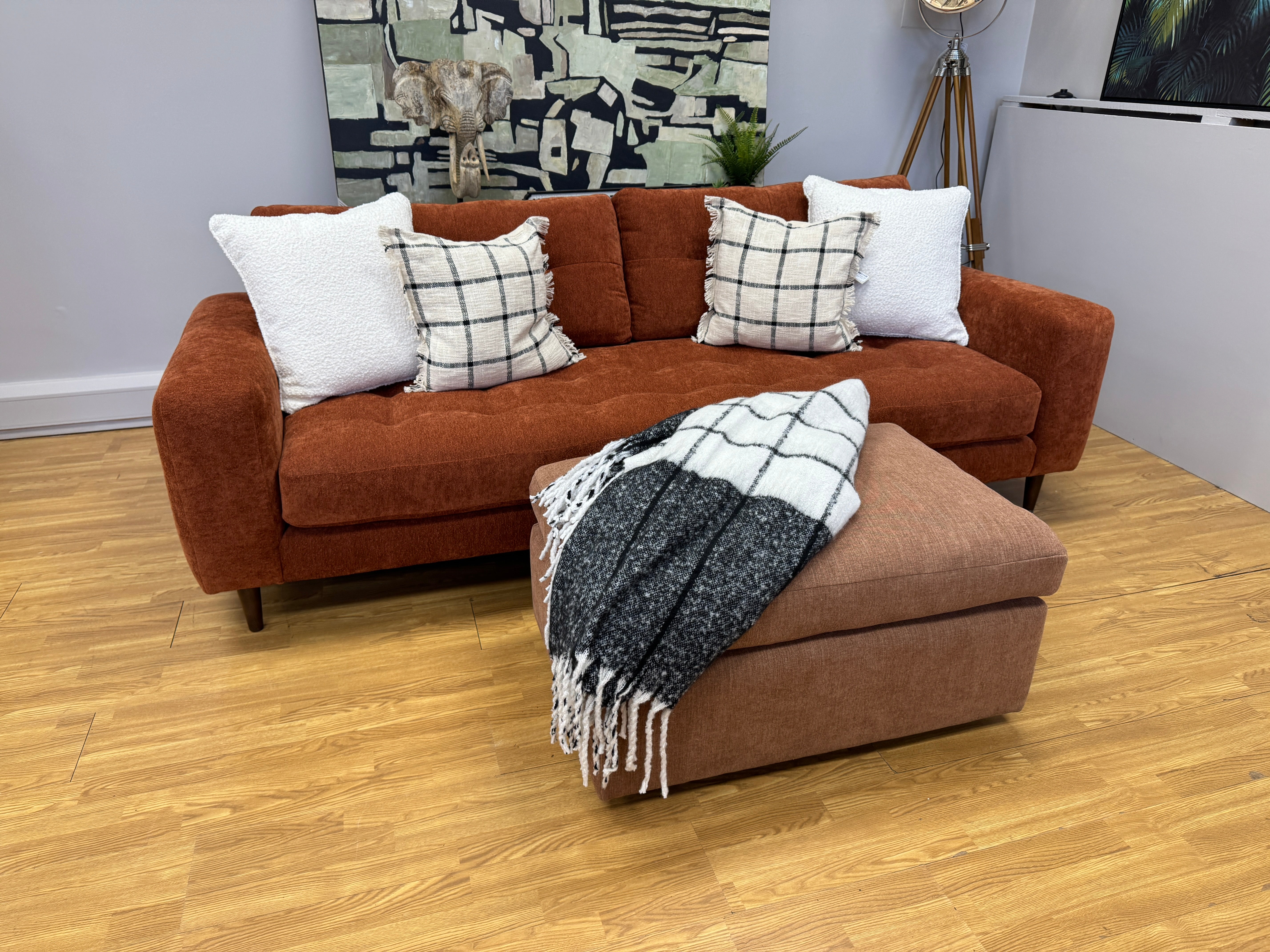 Kora 4 seater sofa with bench style seat in Marmalade soft boucle fabric