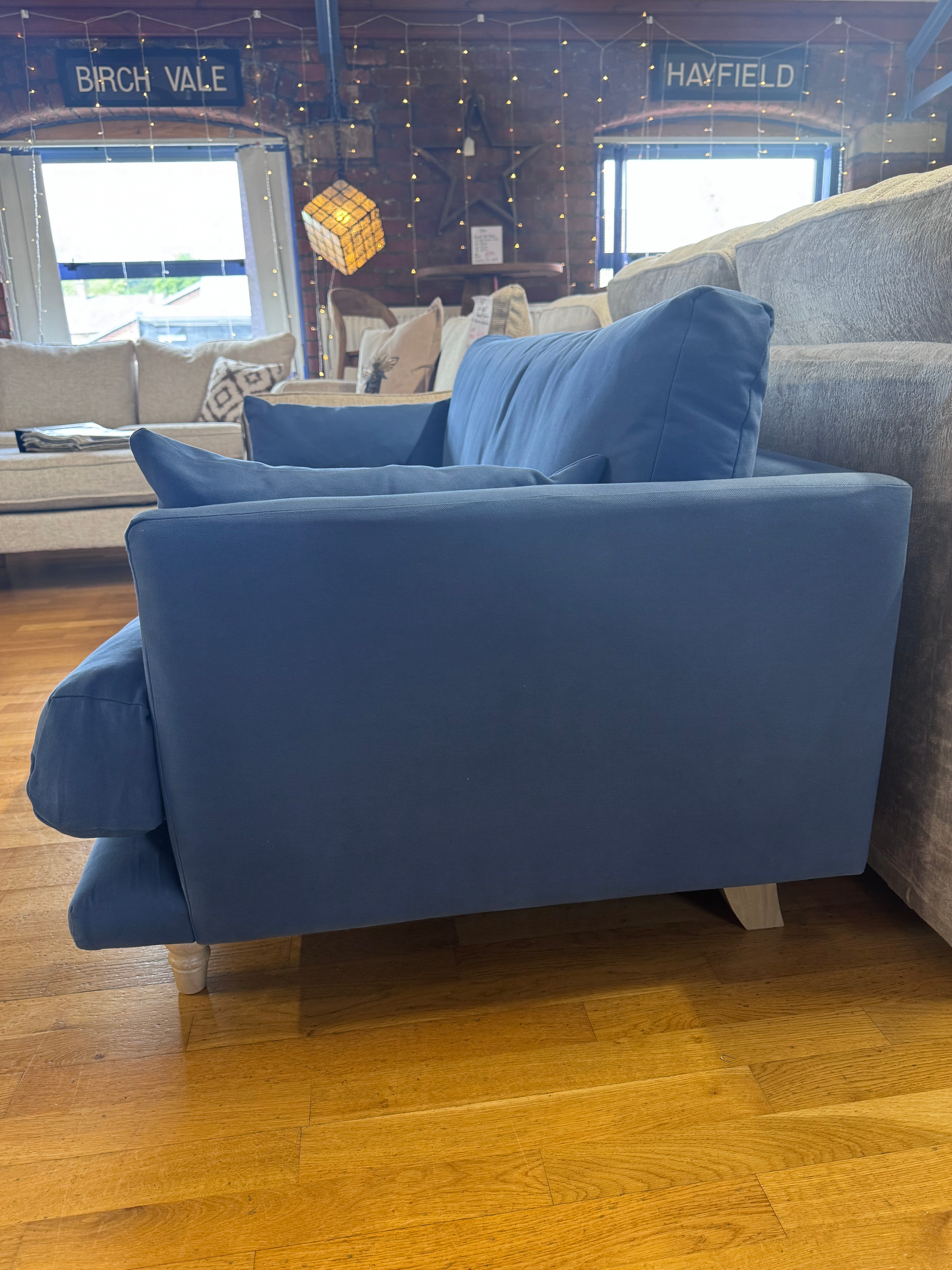 Loaf Jeffers 2 seater bench seat style sofa in Sloe Berry Bush blue cotton twill fabric