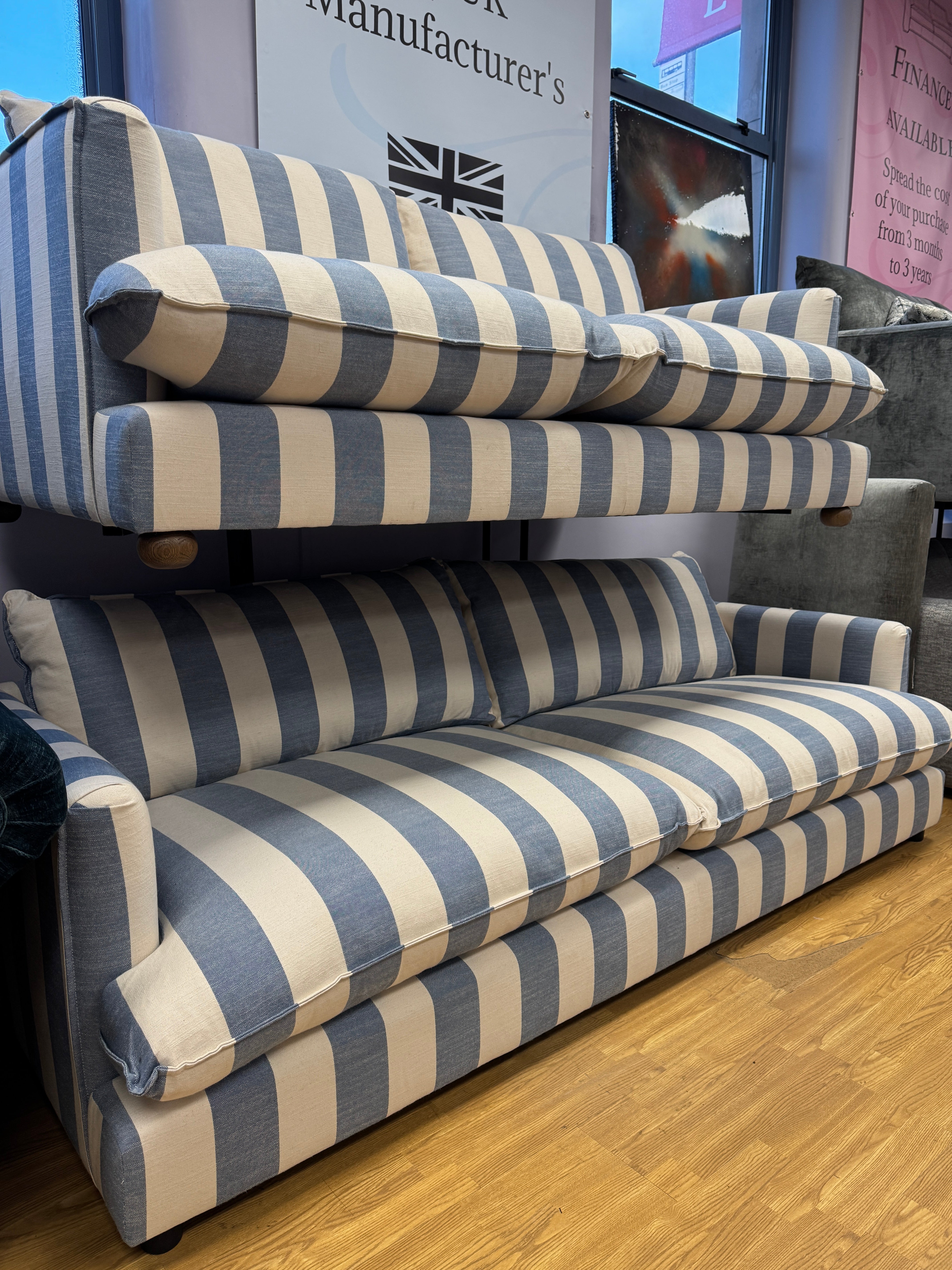 Howth 3 seater sofa in denim blue & white stripe fabric