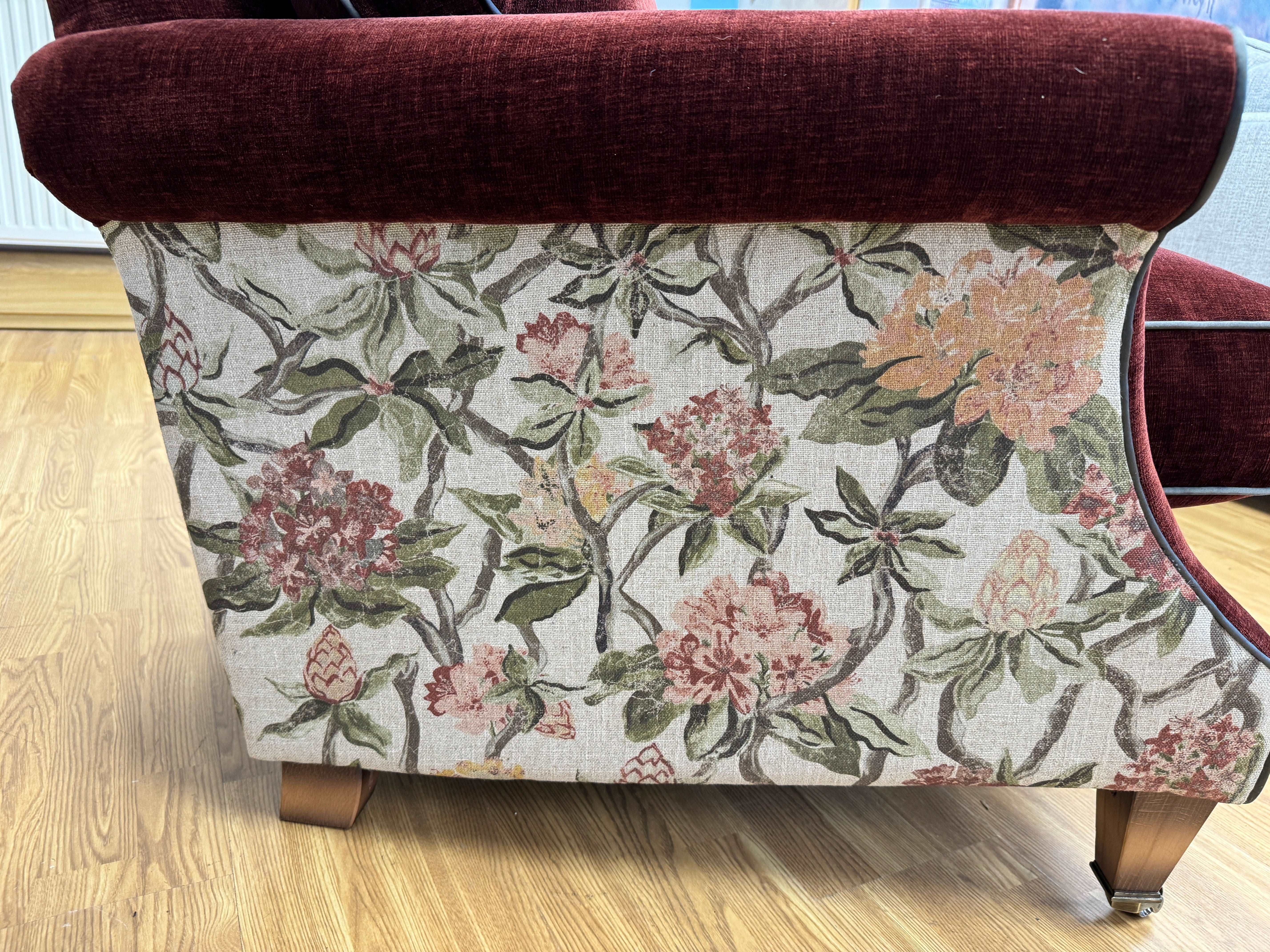 English Heritage Quarry accent chair in Garnet distressed chenille & linen floral outer cover