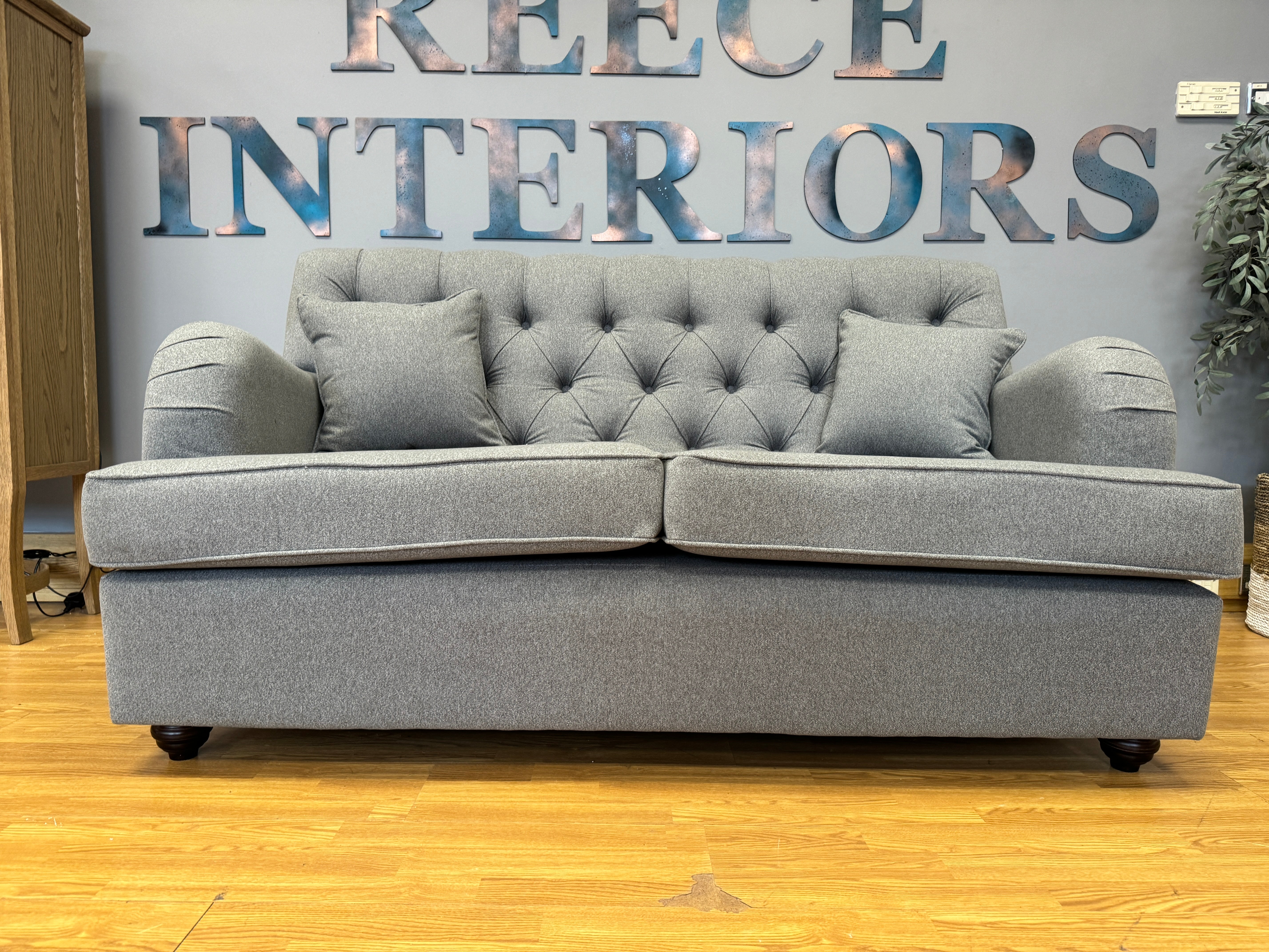 Foxcote by Willow & Hall 2 seater button back sofa in Fog grey stain resistant wool