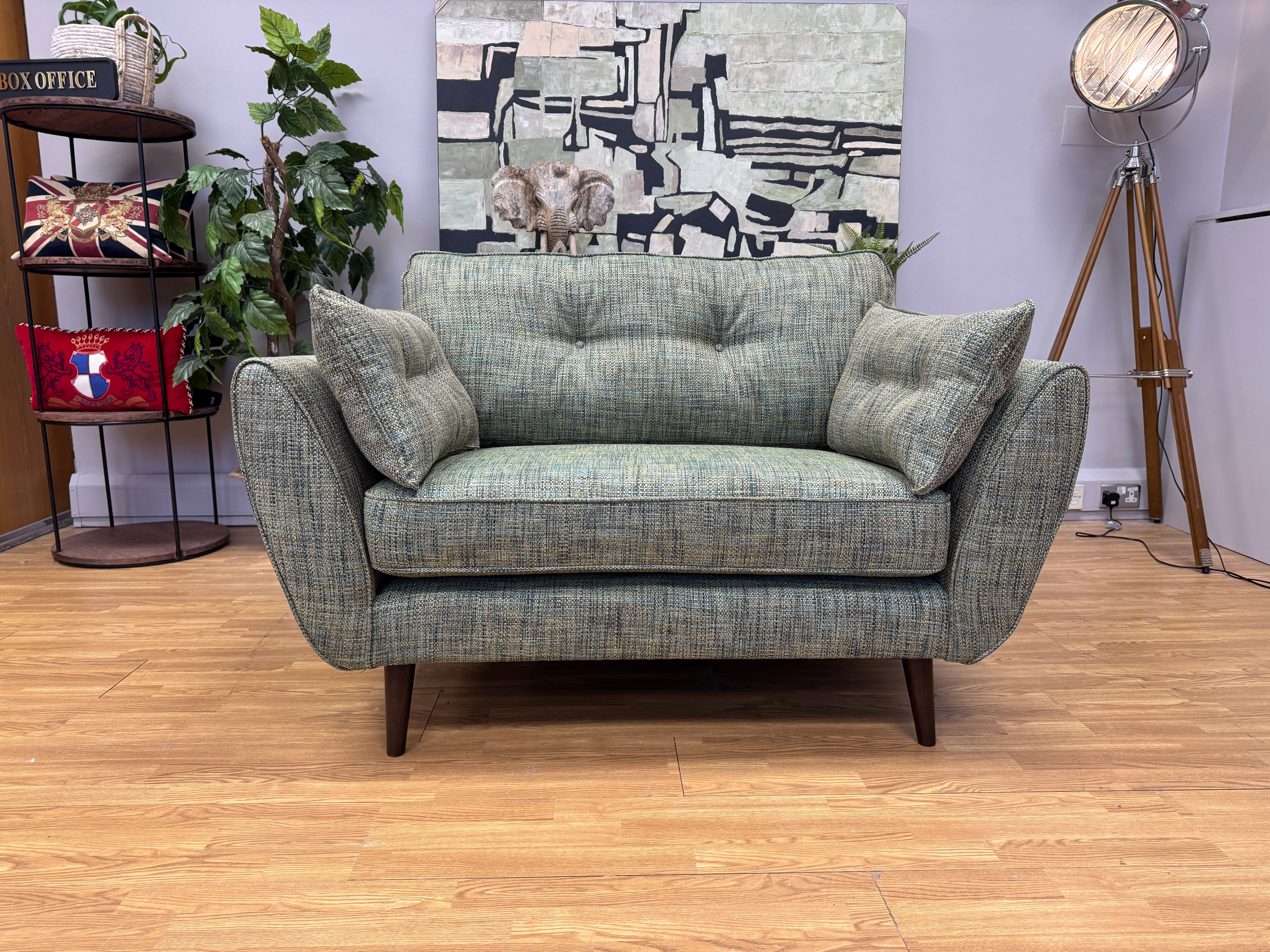 Zinc loveseat in Molten Fern green mix weave fabric