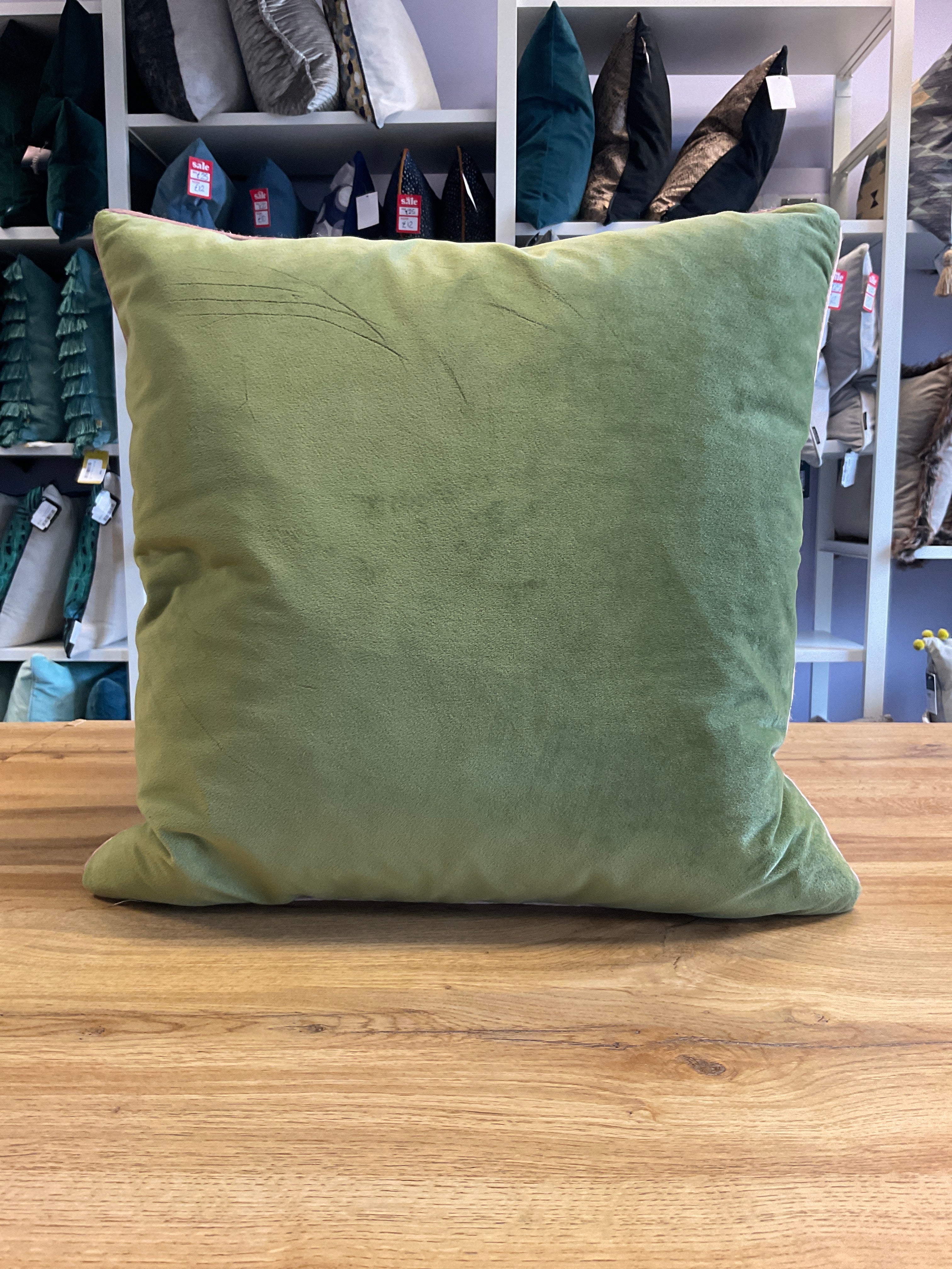 Meridian 45 x 45cm lime green & pink edge plain velvet cushion