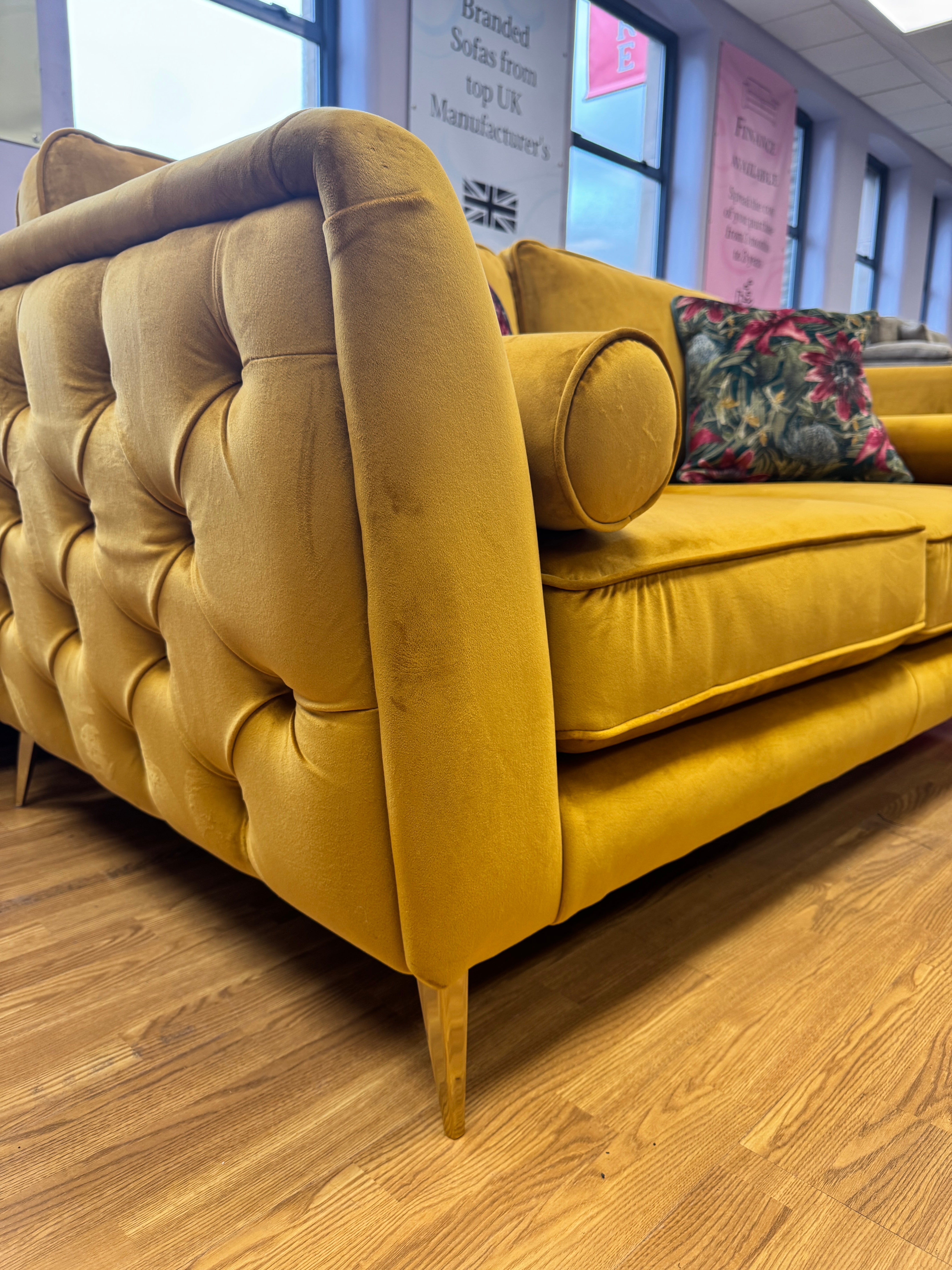 Show Stoppa 3 seater sofa with bolster cushions in amber gold velvet