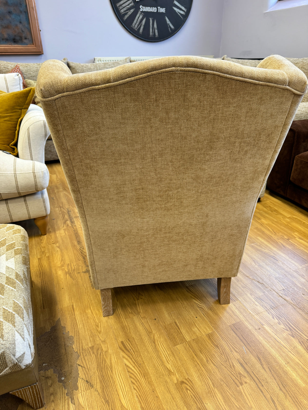 Heather high button back winged armchair in Marni Toffee chenille