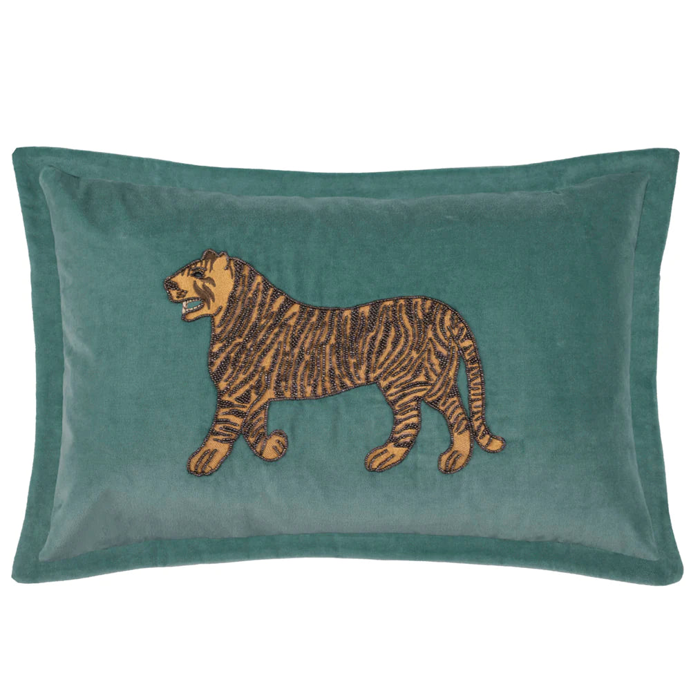 Durga Embroidered Tiger feather Cushion 45cm x 65cm Teal