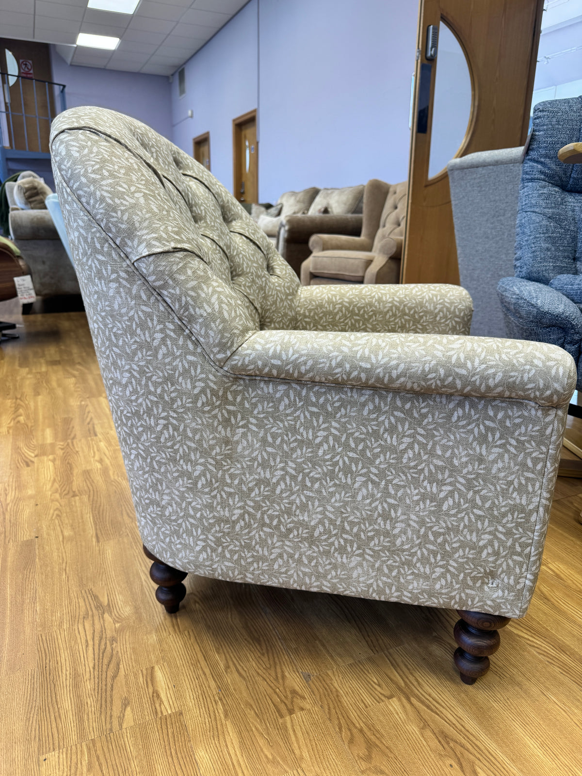 Clover small button back accent chair in Petal stone pattern fabric