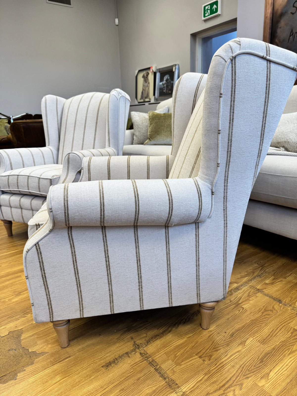Heather high back winged armchair in natural & honey striped chenille