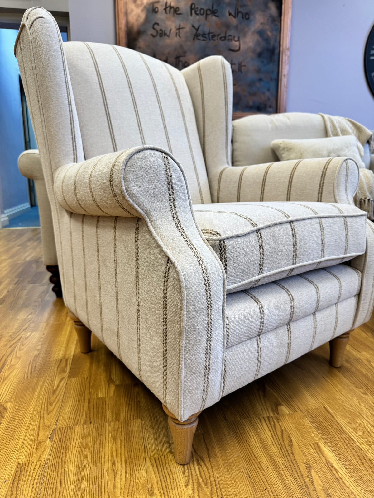 Heather high back winged armchair in natural & honey striped chenille
