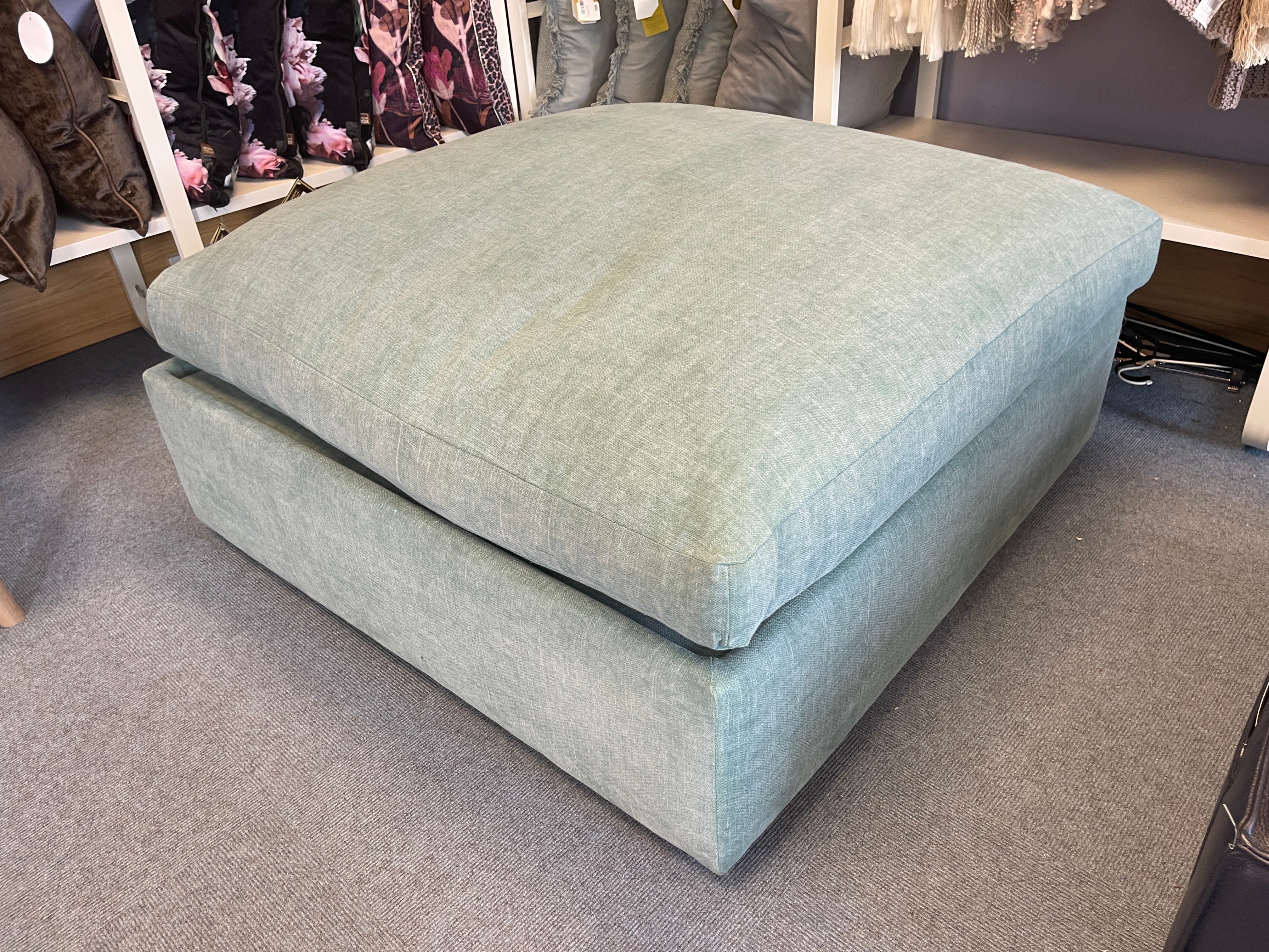 GRAND DESIGNS LAMBOURNE XL square padded top footstool in teal washed linen