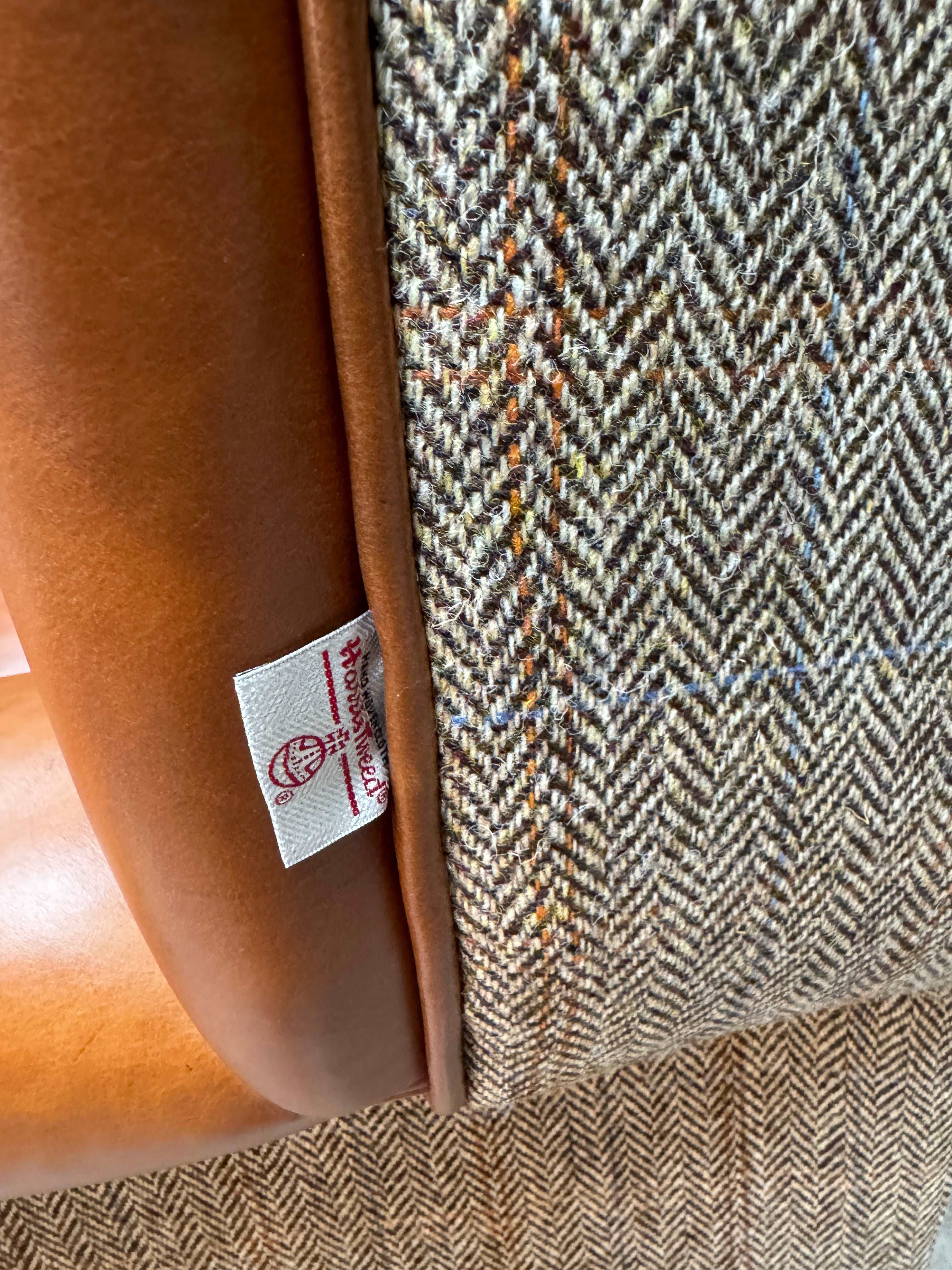 BUCKINGHAM Wing Armchair in Half Dark Caramel Leather & Harris Tweed fabric