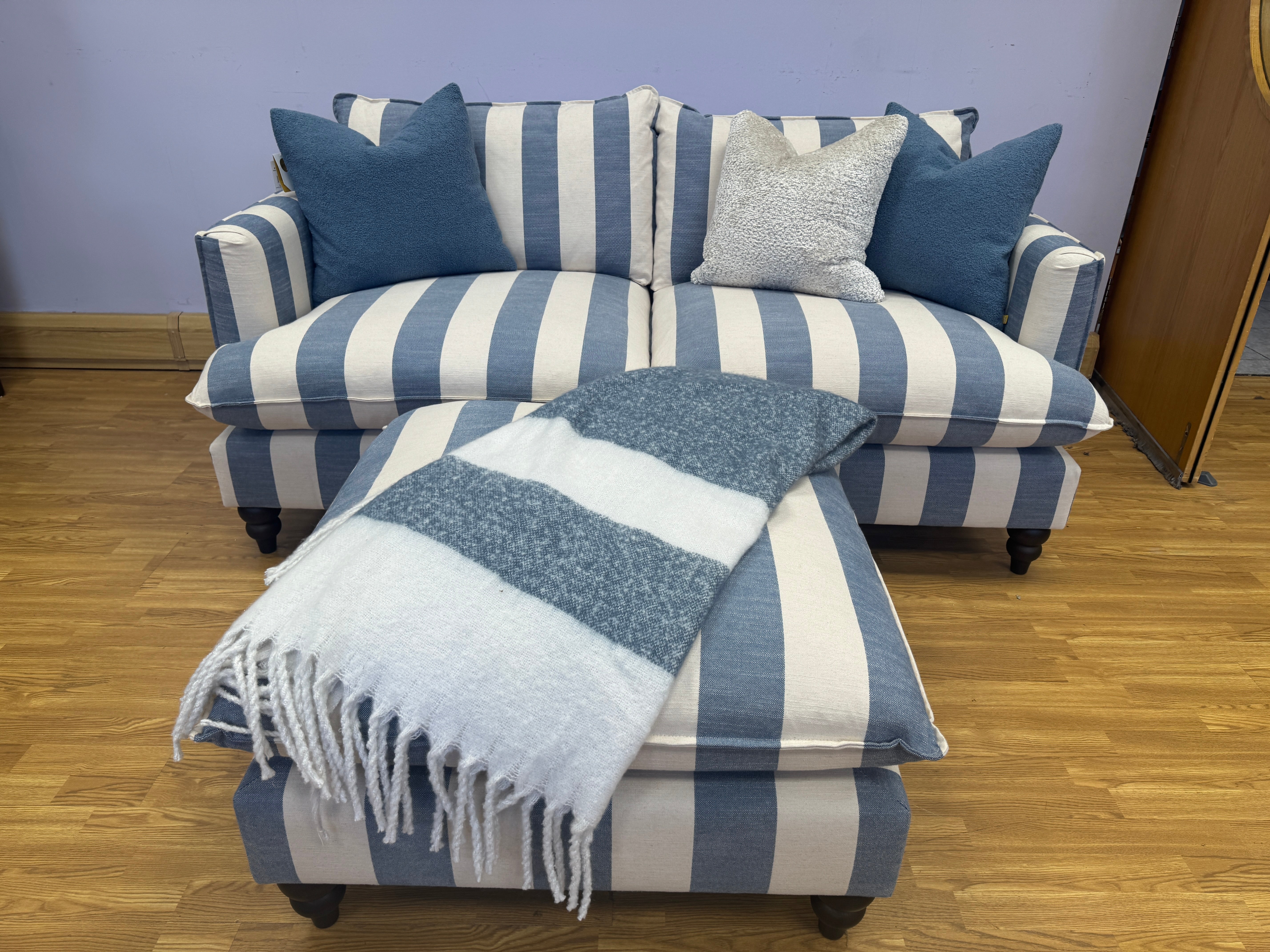 Cocobella 3 seater sofa & matching footstool in denim blue & white stripe fabric