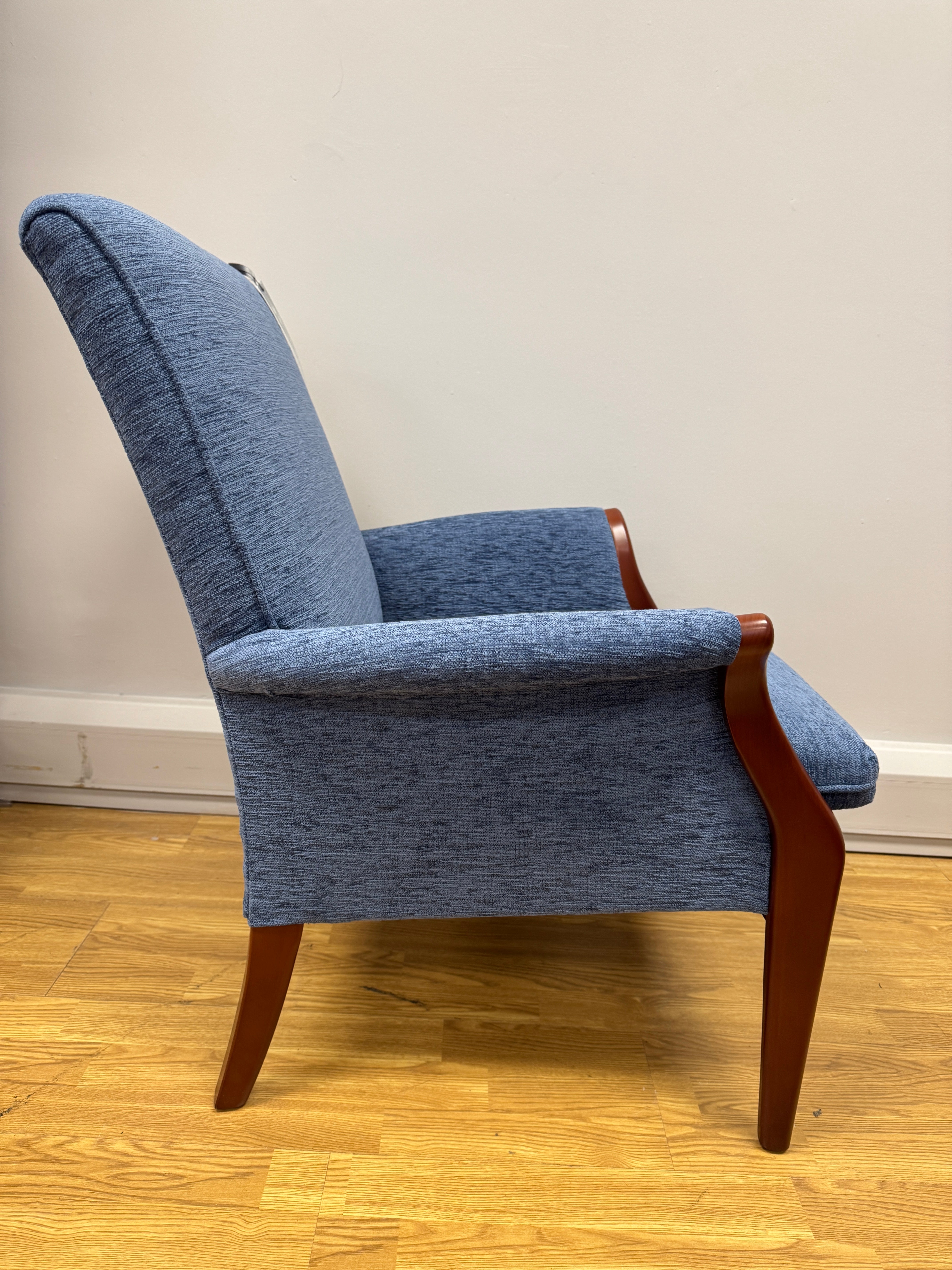 Parker Knoll Froxfield fireside chair in marine blue fabric with cherry wood frame