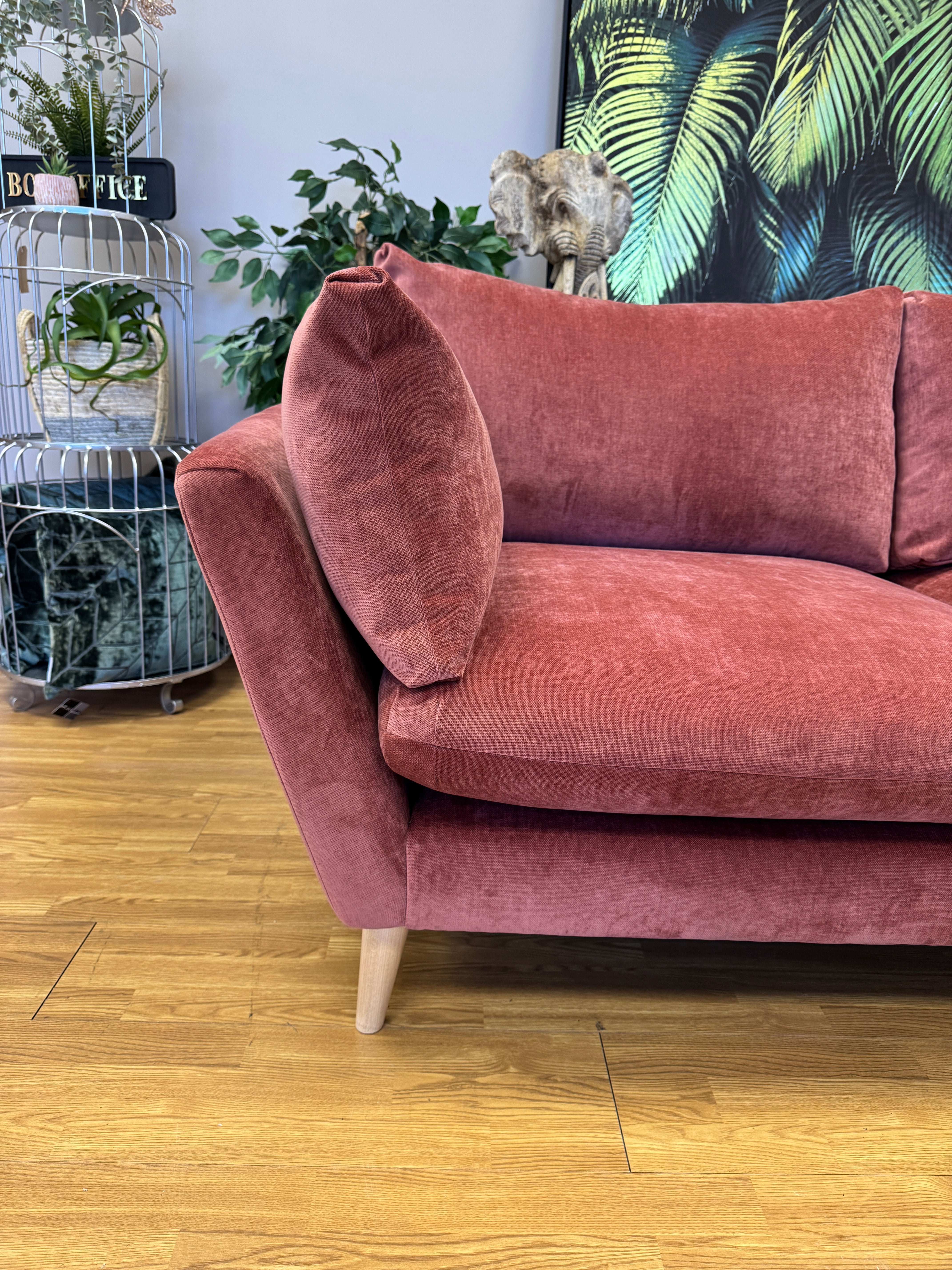 Elton curved sided large 3 seater sofa in raspberry chenille fabric