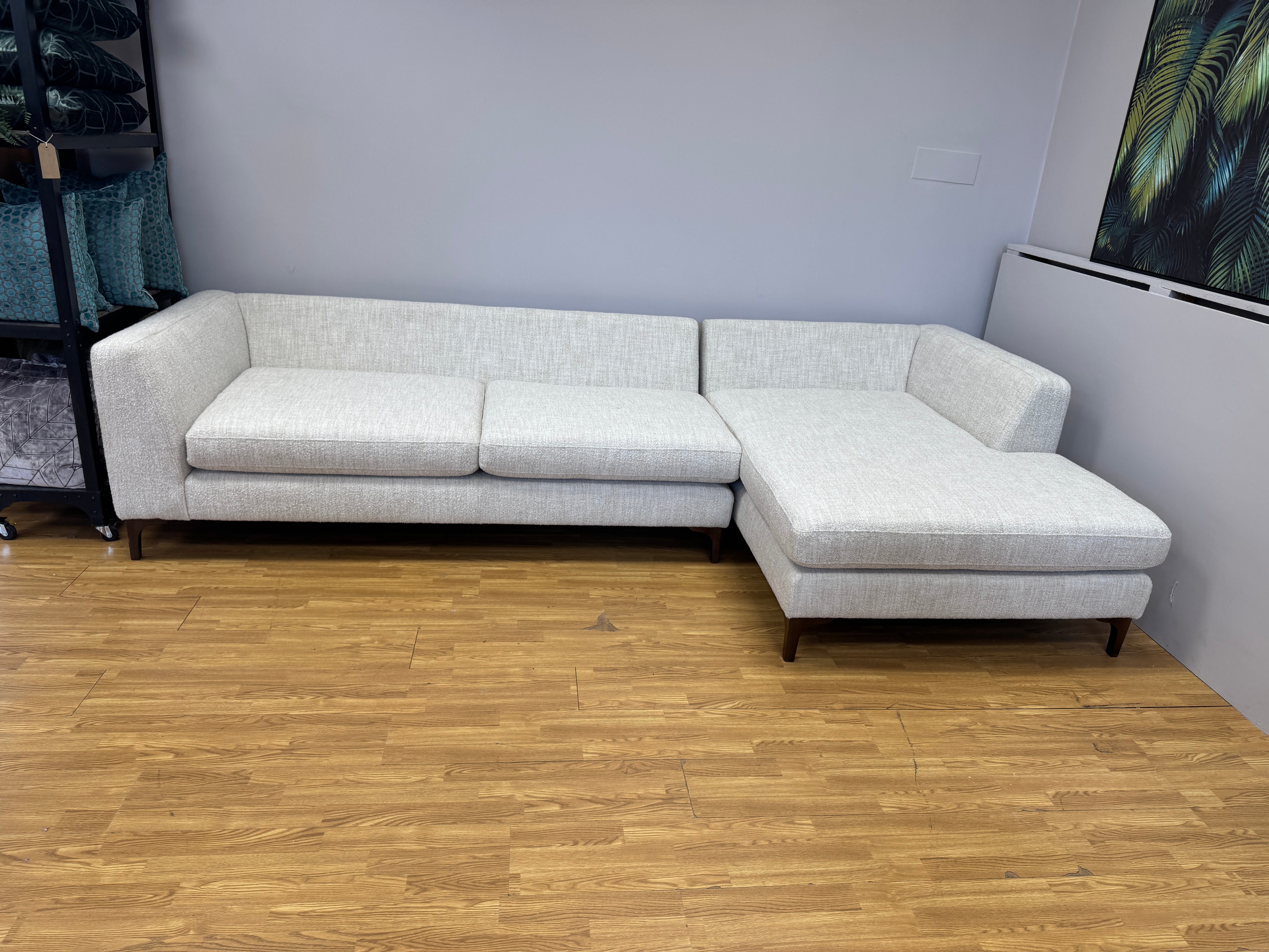 Mateo XL right facing 2 piece cushion back chaise sofa in boucle weave natural fabric