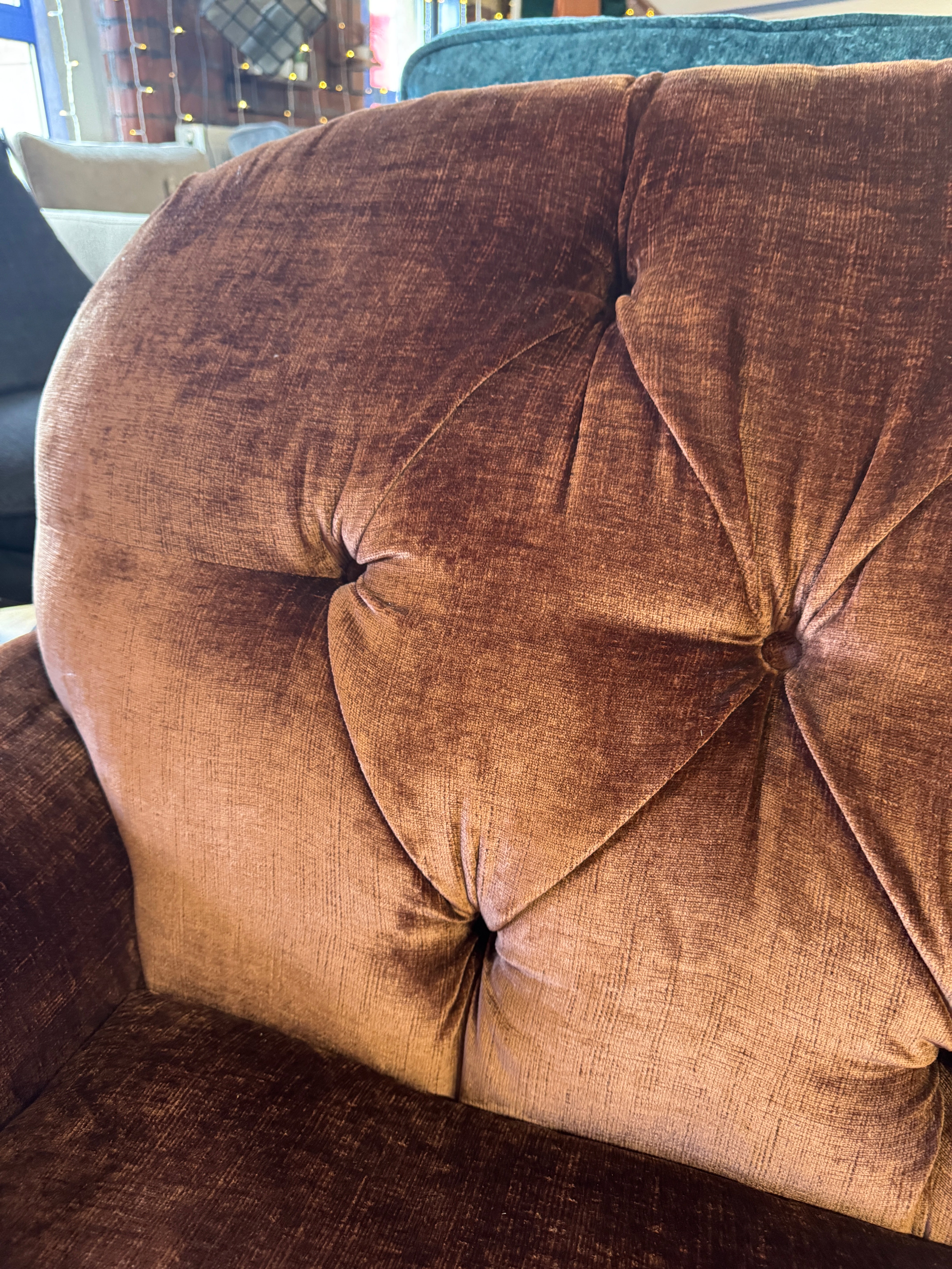 Derry button back loveseat in Dion Brandy velvet fabric