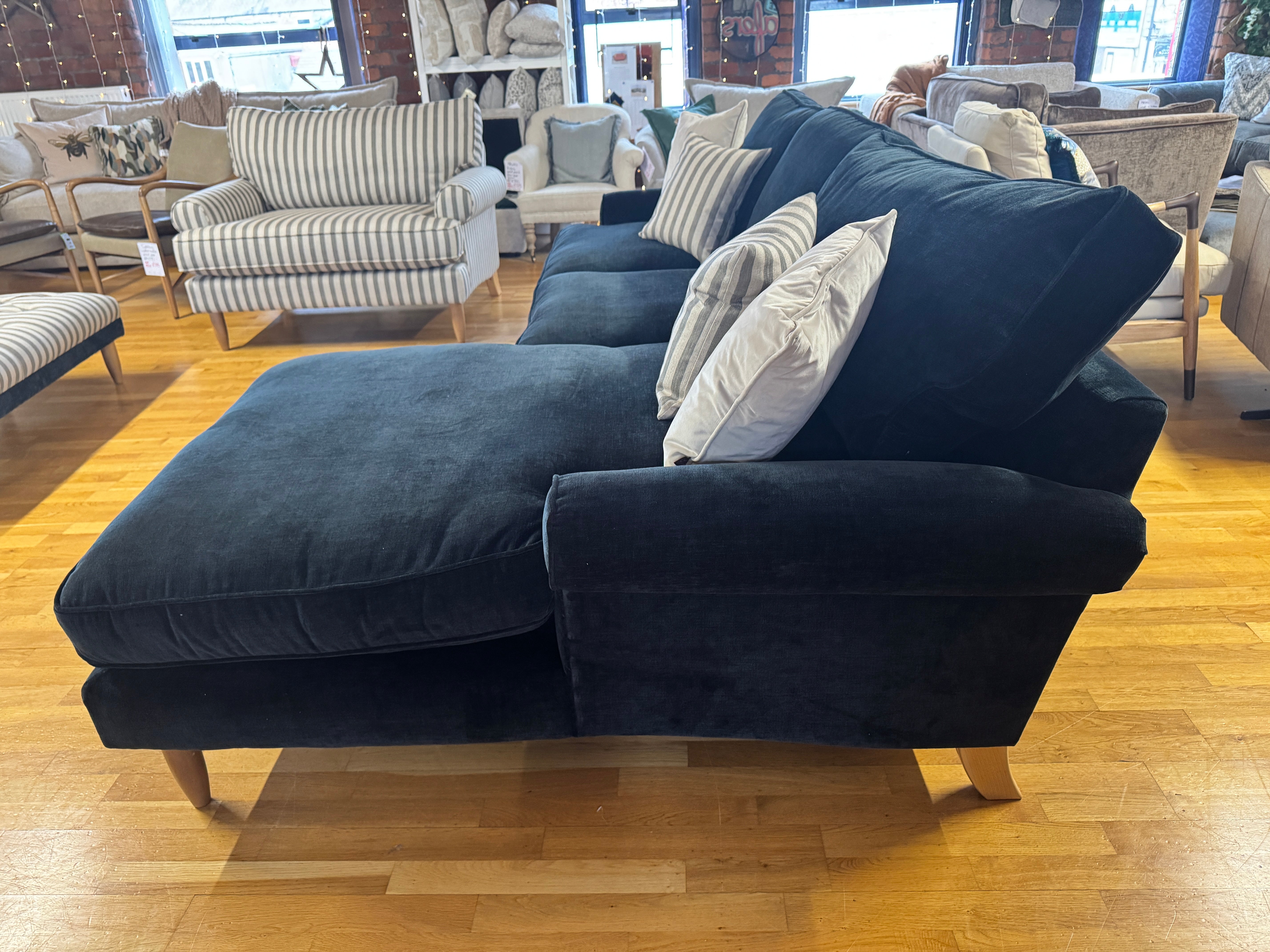 Finchley right facing 2 piece chaise sofa in Ink blue chenille fabric