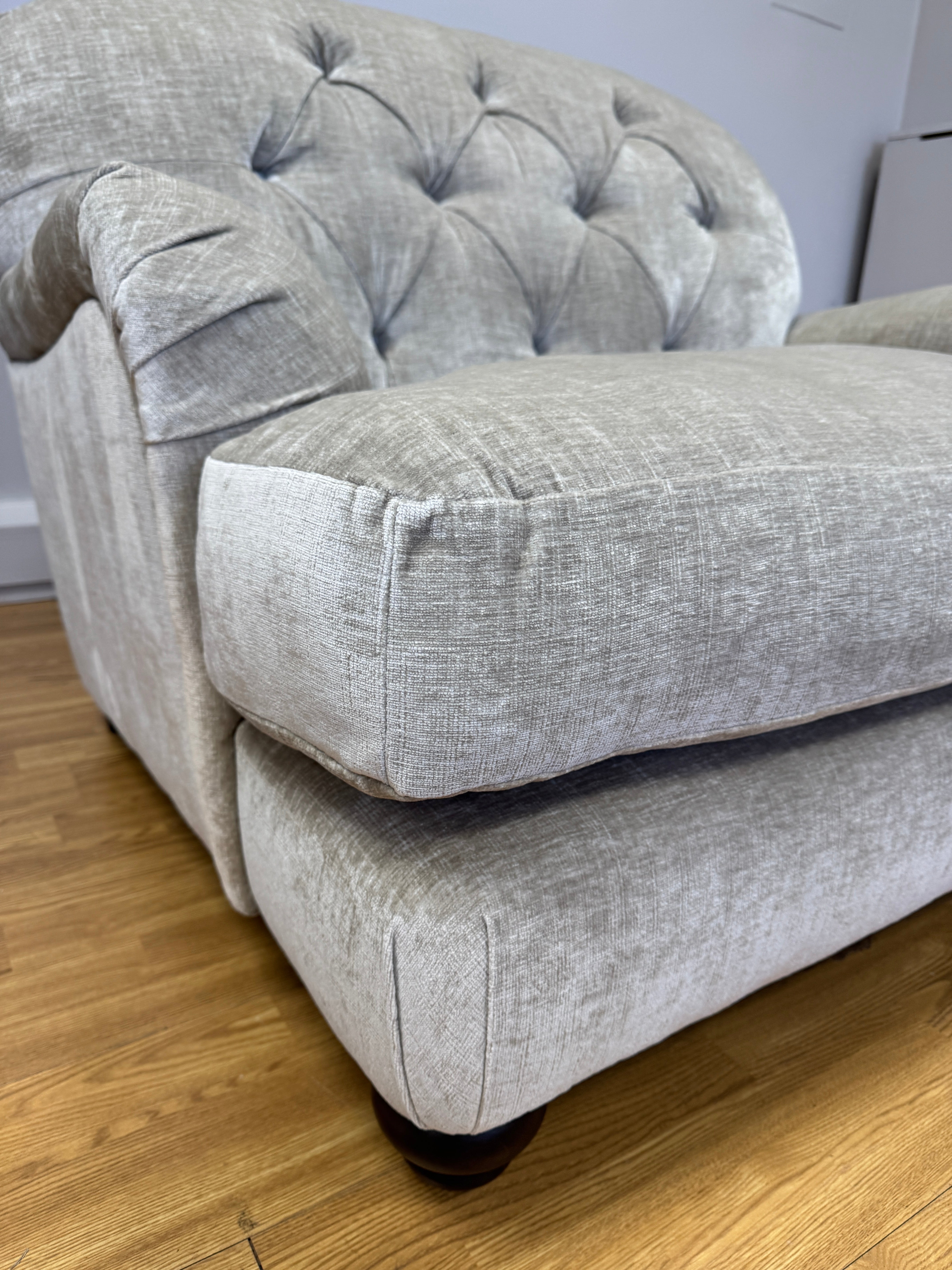 Derry button back loveseat in Dion Husk velvet fabric
